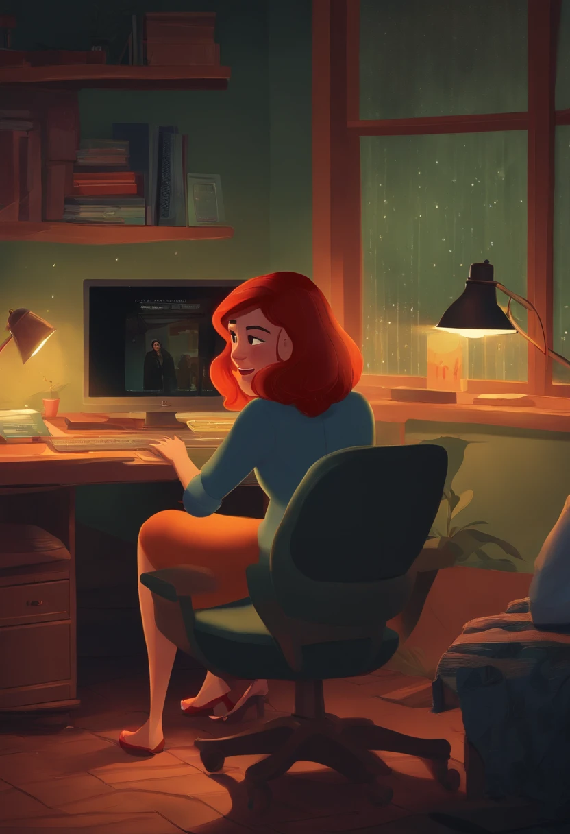 Film poster for a Disney animation, with a woman with short red hair, sitting in front of a computer, with an evil smile, inside her room, on a rainy night, the name of the film is "Raluca"