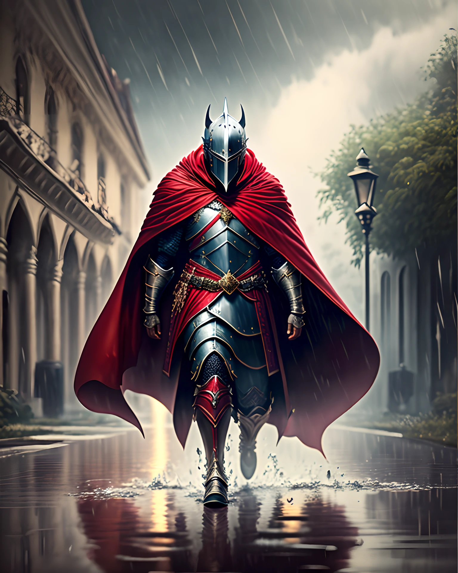 Realistic 4k high quality masterpiece knight in the rain full body red cape