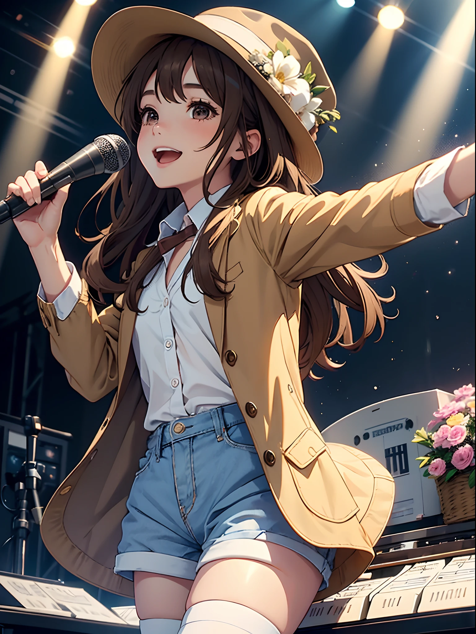 Girl with light Brown hat, long brown hair,light Brown wool jacket, white shirt, SKY blue shorts, white thigh high Socks, Brown shoes, holding a basket, singing on microphone, music stage, piano, smiling, flowers music background