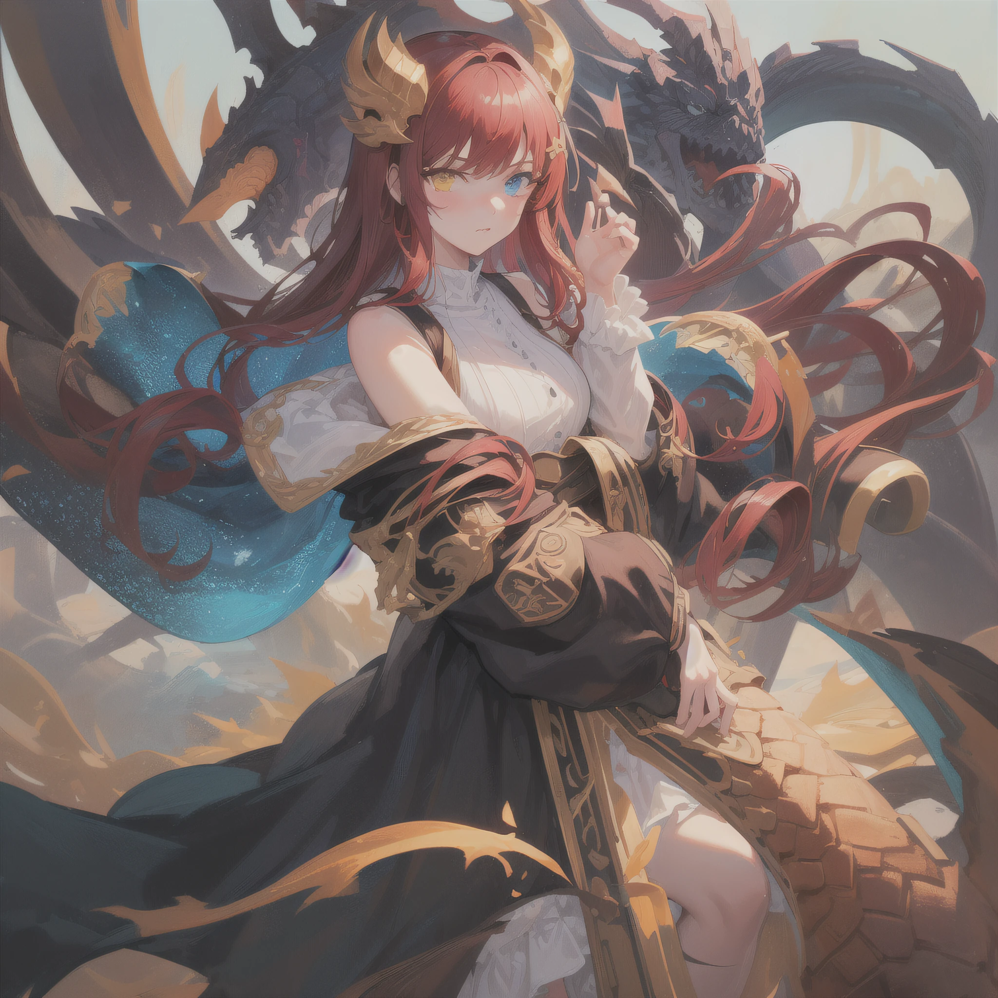(1girl), Dragon-Girl, 8-bit, deep red hair, big hair, portrait, serious face, (heterochromia:1.4), ((one yellow eye)), Queen of Dragons, Dynasty of fire