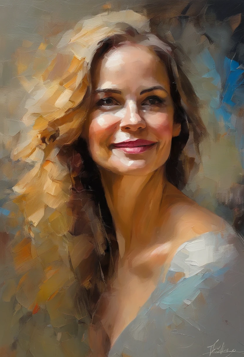 Female portrait, beautiful Nordic woman similar to Sally Field, long champagne color hair, smiling eyes, looking at camera, smiling mouth, low cut red dress, acrylic painting, bold and expressive brushwork, impressionistic style, detailed face, epic surreal background, very heavy brushstrokes with thick textured paint, expert lighting and shadows, high contrast, fine art painting, Wadim Kashin.