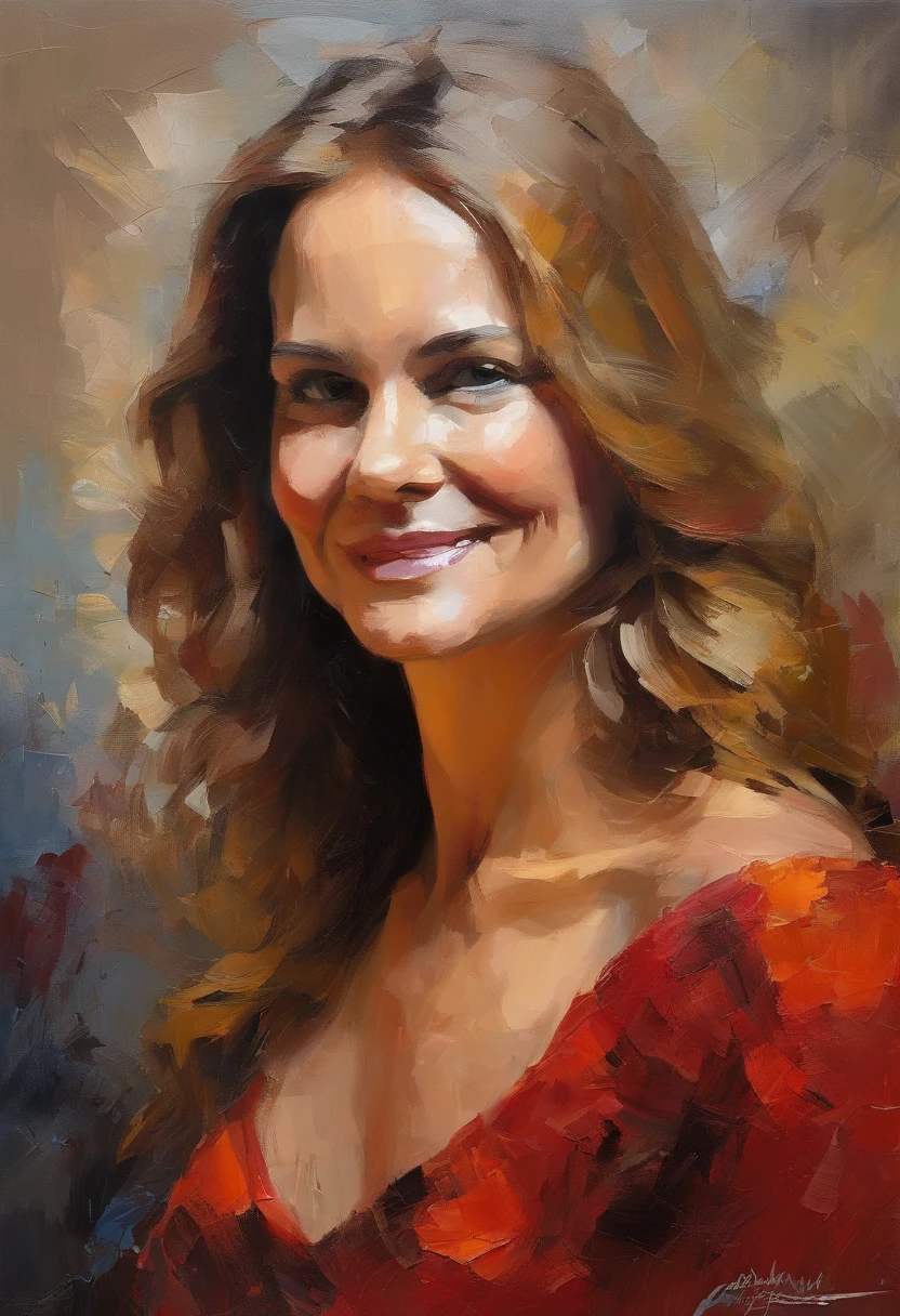 Female portrait, beautiful Nordic woman similar to Sally Field, long champagne color hair, smiling eyes, looking at camera, smiling mouth, low cut red dress, acrylic painting, bold and expressive brushwork, impressionistic style, detailed face, epic surreal background, very heavy brushstrokes with thick textured paint, expert lighting and shadows, high contrast, fine art painting, Wadim Kashin.