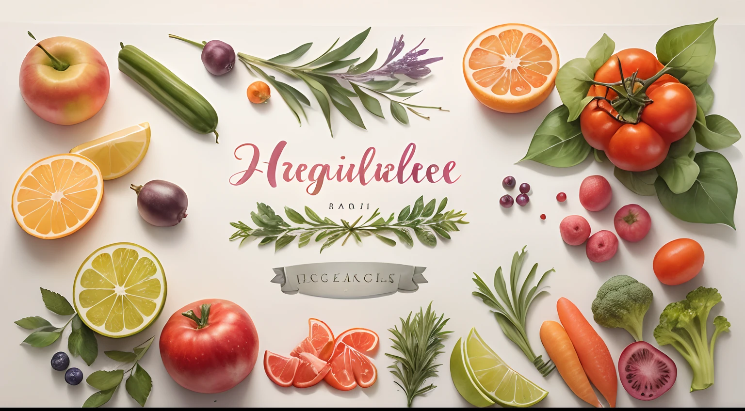 aquarelle painting, Watercolor Touch, Book Style Images, pastel colours, overhead view, Without inscriptions, Healthy Vegetables, Fruits and herbs, lots of vegetables and fruits, Raw food diet, vegetarianism, Images on the left, In the center and right is a void of pastel watercolor brushstrokes, minimalism