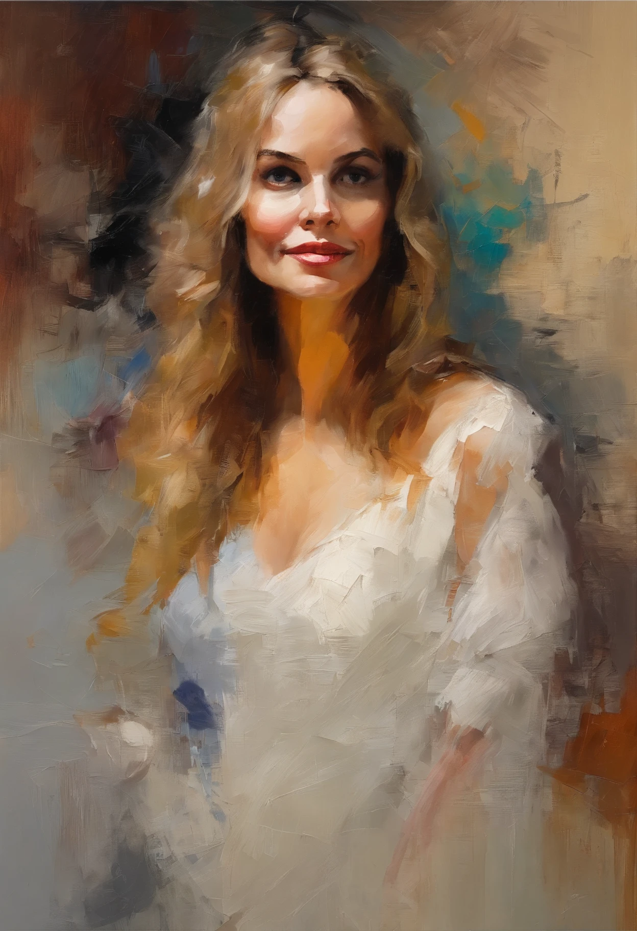 Female portrait, beautiful Nordic woman similar to Sally Field, long champagne color hair, smiling eyes, looking at camera, smiling mouth, low cut red dress, acrylic painting, bold and expressive brushwork, impressionistic style, detailed face, epic surreal background, very heavy brushstrokes with thick textured paint, expert lighting and shadows, high contrast, fine art painting, Wadim Kashin.