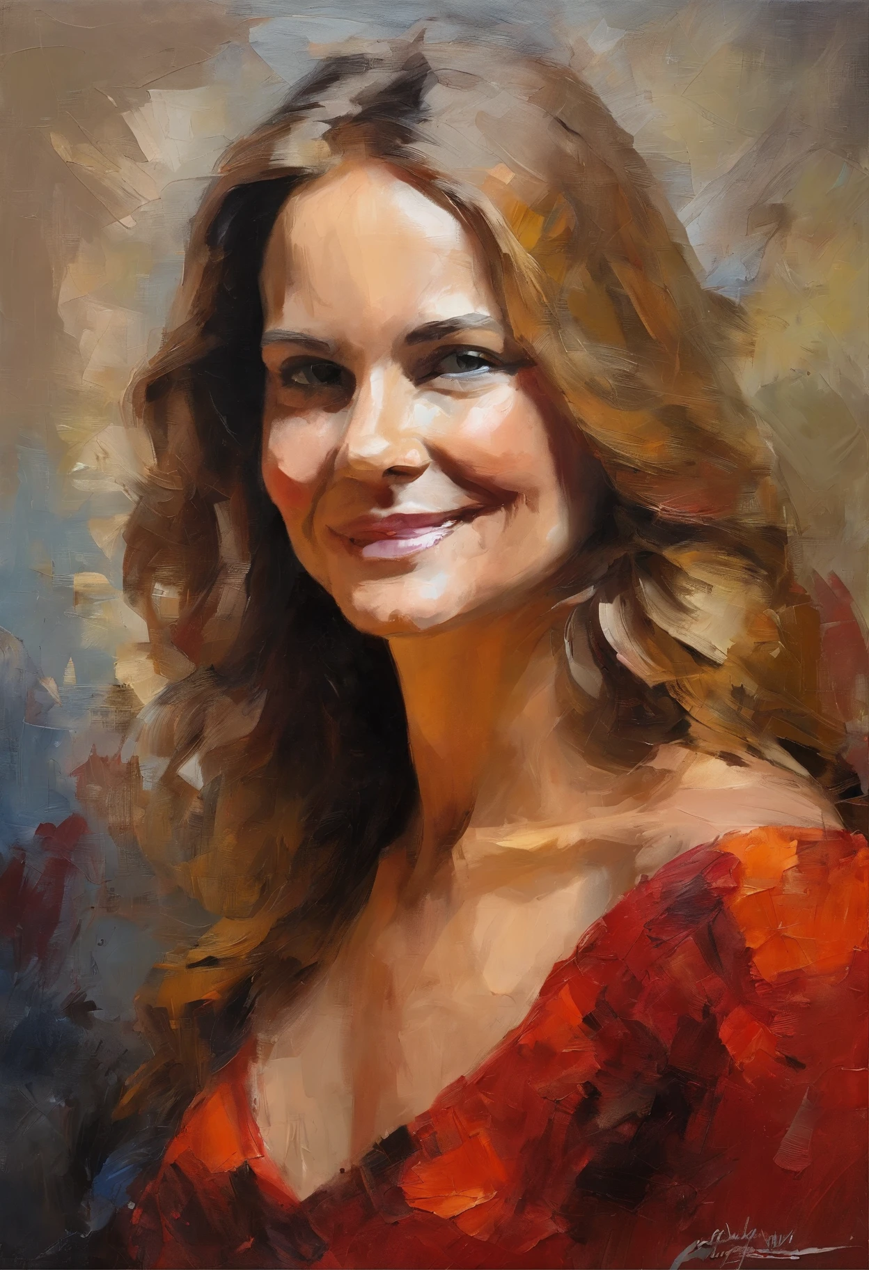 Female portrait, beautiful Nordic woman similar to Sally Field, long champagne color hair, smiling eyes, looking at camera, smiling mouth, low cut red dress, acrylic painting, bold and expressive brushwork, impressionistic style, detailed face, epic surreal background, very heavy brushstrokes with thick textured paint, expert lighting and shadows, high contrast, fine art painting, Wadim Kashin.