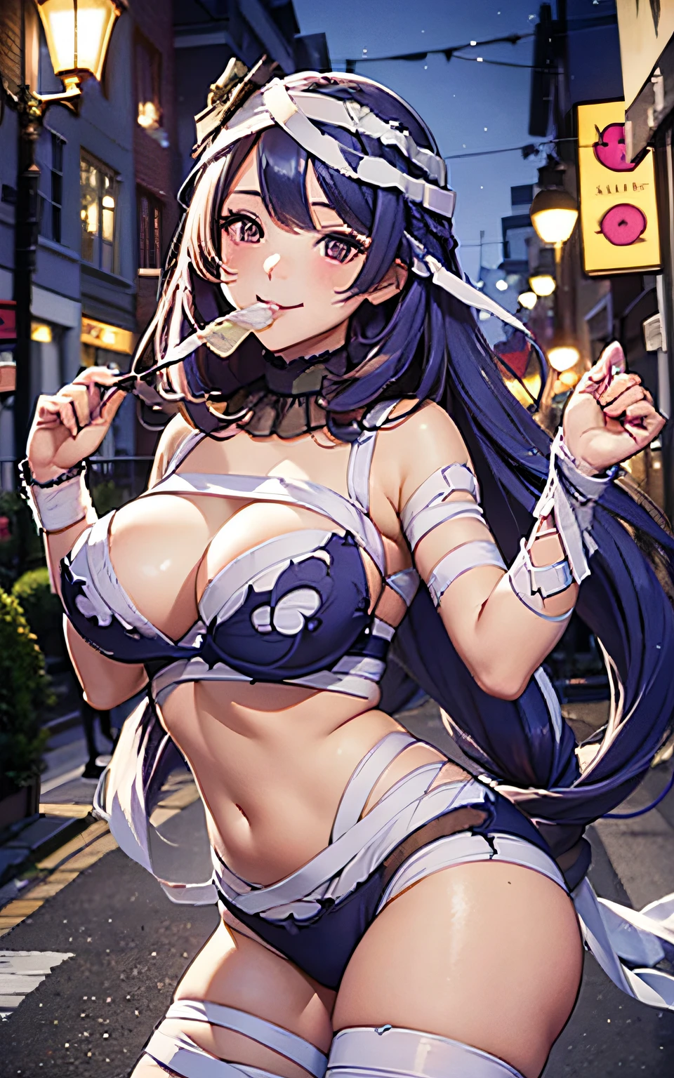 16K Best Quality, of the highest quality, super detailed, masutepiece, mummy costume, Bewitching smile、condom in mouth、Arm bandage, chest bandage, Bandage on the buttocks,Condoms are wrapped around after use.、Bandage condom thigh bandage,Beautiful woman with long blue hair, She has a big braid in her hair. Red Eyes, ultra gigantic tits, Super big ass, Big thighs, The background is the night sidewalk of the city crowded with Halloween parties