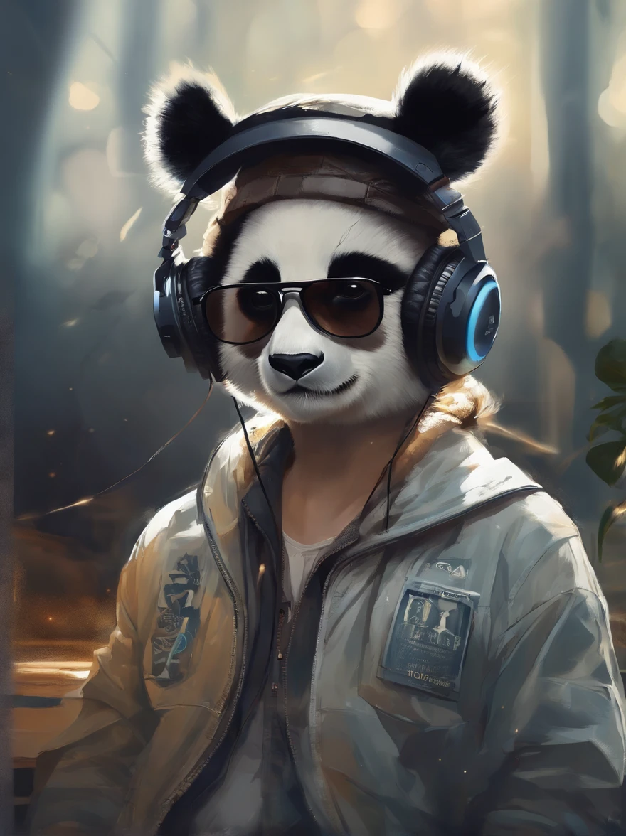 Perfect centering, A cute panda, Wear a student jacket, Wearing sunglasses, Wearing headphones, Standing position, Abstract beauty, Centered, Looking at the camera, Facing the camera, nearing perfection, Dynamic, Moonlight, Highly detailed, Digital painting, art stations, concept-art, smooth, Sharp focus, 8K, high definition resolution, illustration, Art by Carne Griffiths and Wadim Kashin, White background