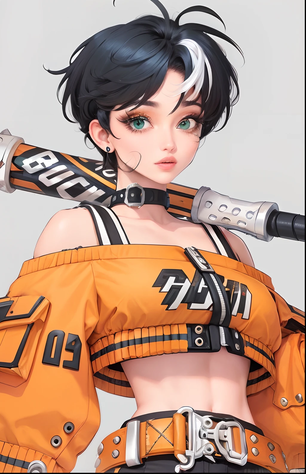 Mulher realista, cabelo curto preto com uma mecha branca,olhos azuis, blusa laranja, black pant, cinto laranja