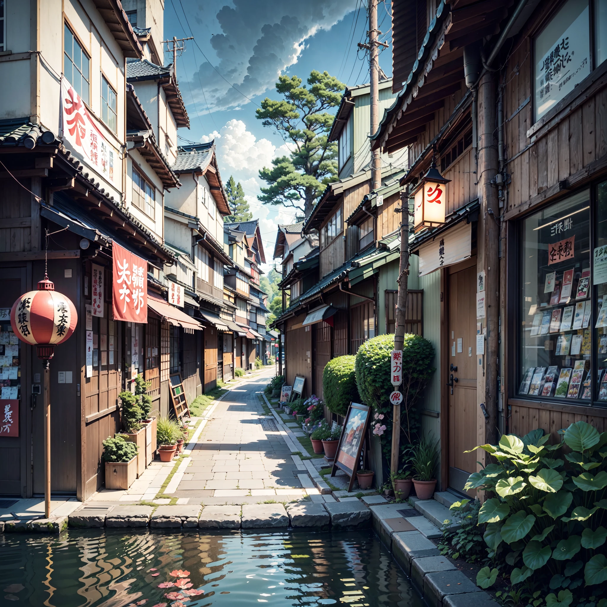 urban Japanese street next to stream of water, traditional Japanese lantern, (no one: 1), no one in sight, no people, best quality, anime, anime style, lofi, calm, row of building next to river, urban Japanese street next to stream of water, traditional Japanese lantern, (no one: 1), no one in sight, no people, best quality, anime, anime style, lofi, calm, row of buildings next to river, anime background, anime wallpaper, anime, anime style, lofi, lofi style, modern japanese street, modern japanese architecture, japanese convenience store, big retro japanese shop signs, retro japanese store, trees, plants, rocks, plant pots, shop signs, japanese banners, japanese signs, flags, empty street, no one in sight, (no one: 1), best quality, sun in sky, gloomy weather, dramatic weather, river next to buildings, compact, japan, anime background, anime wallpaper, close angle