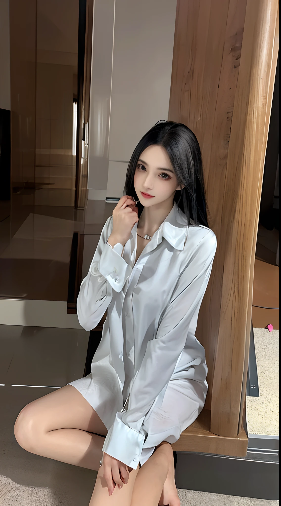 (Best quality,4K,A high resolution,Masterpiece:1.2),Ultra-detailed,Realistic,Black hair,Girl with heterochromia,mischievous expression,Low-neck white-collared shirt,Tiptoeing,Long legs,professional,Portrait,Beautiful detailed eyes,Strong gaze,Sharp focus,Vivid colors,Studio lighting