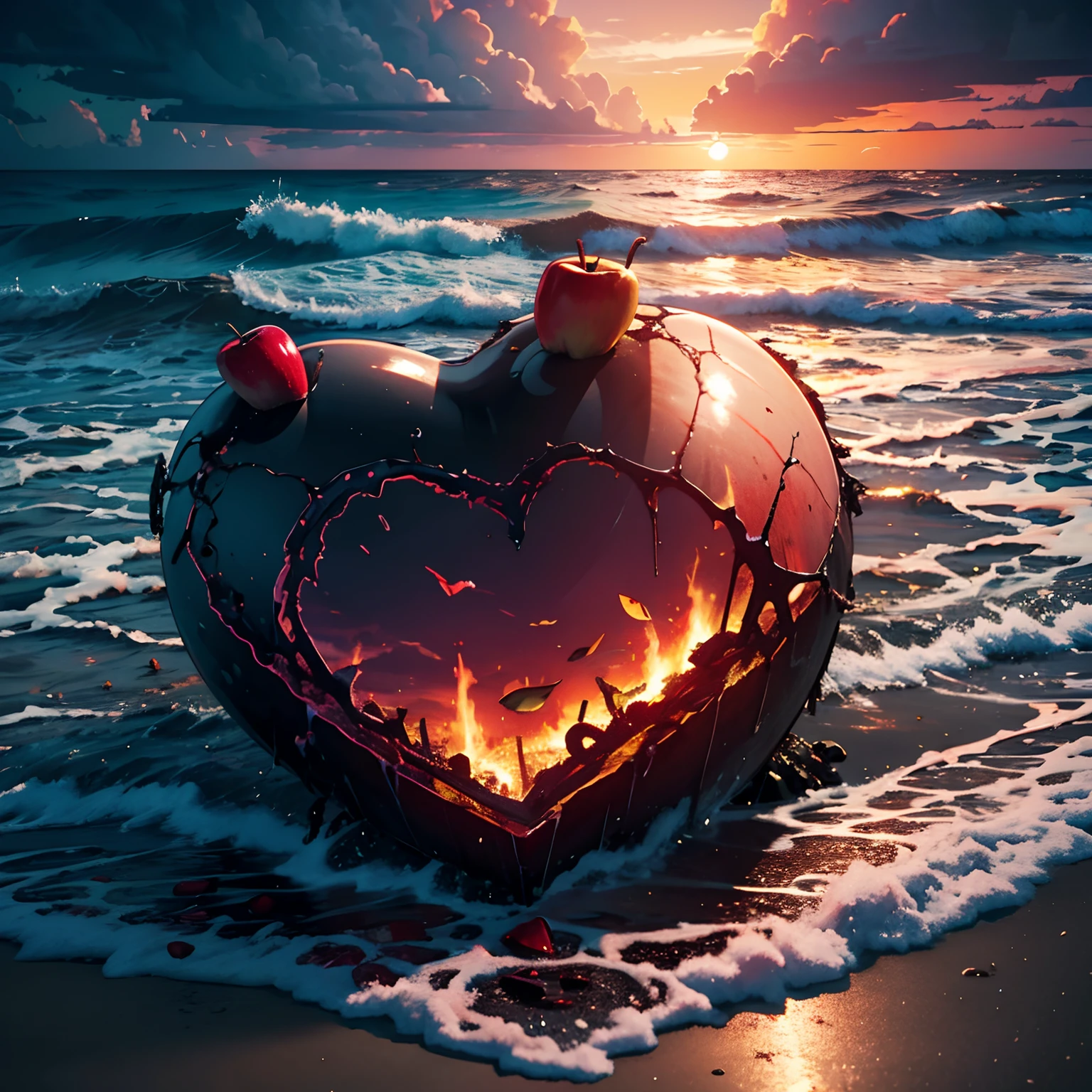 dead heart on beach, broken heart, rotting flesh, poison apple, decaying love, stormy sunset, lighting photorealistic, highly detailed, angry waves