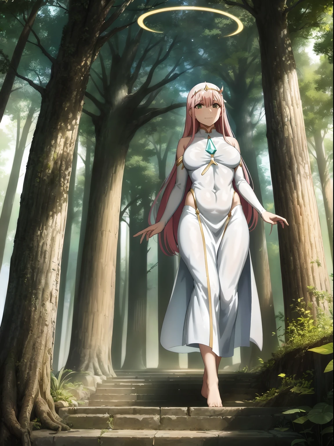 Zero Two, dress, sun halo, holy, smile, medium breast, priestess, full body, walking, divine aura, sun halo, solar halo, long skirt, porcelain skin, ethereal, graceful movement, flowing golden hair, radiant beauty, enchanting gaze, serene expression, soft sunlight, angelic presence, celestial atmosphere, mystical background, celestial light, glowing halo, gentle breeze, ethereal glow, captivating aura, divine radiance, natural beauty, sublime elegance, heavenly charm, peaceful countenance, harmonious surroundings, ethereal grace, mesmerizing presence, transcendent allure, magical serenity, serene and majestic, radiant happiness, heavenly enchantment, delicate features, elegant posture, celestial maiden, otherworldly presence, serene and ethereal, divine embodiment, celestial being, spiritual tranquility, mesmerizing beauty, ethereal goddess, radiant purity. Preparing SeaArt Bot Txt2Img Default 21:19:45, green eyes