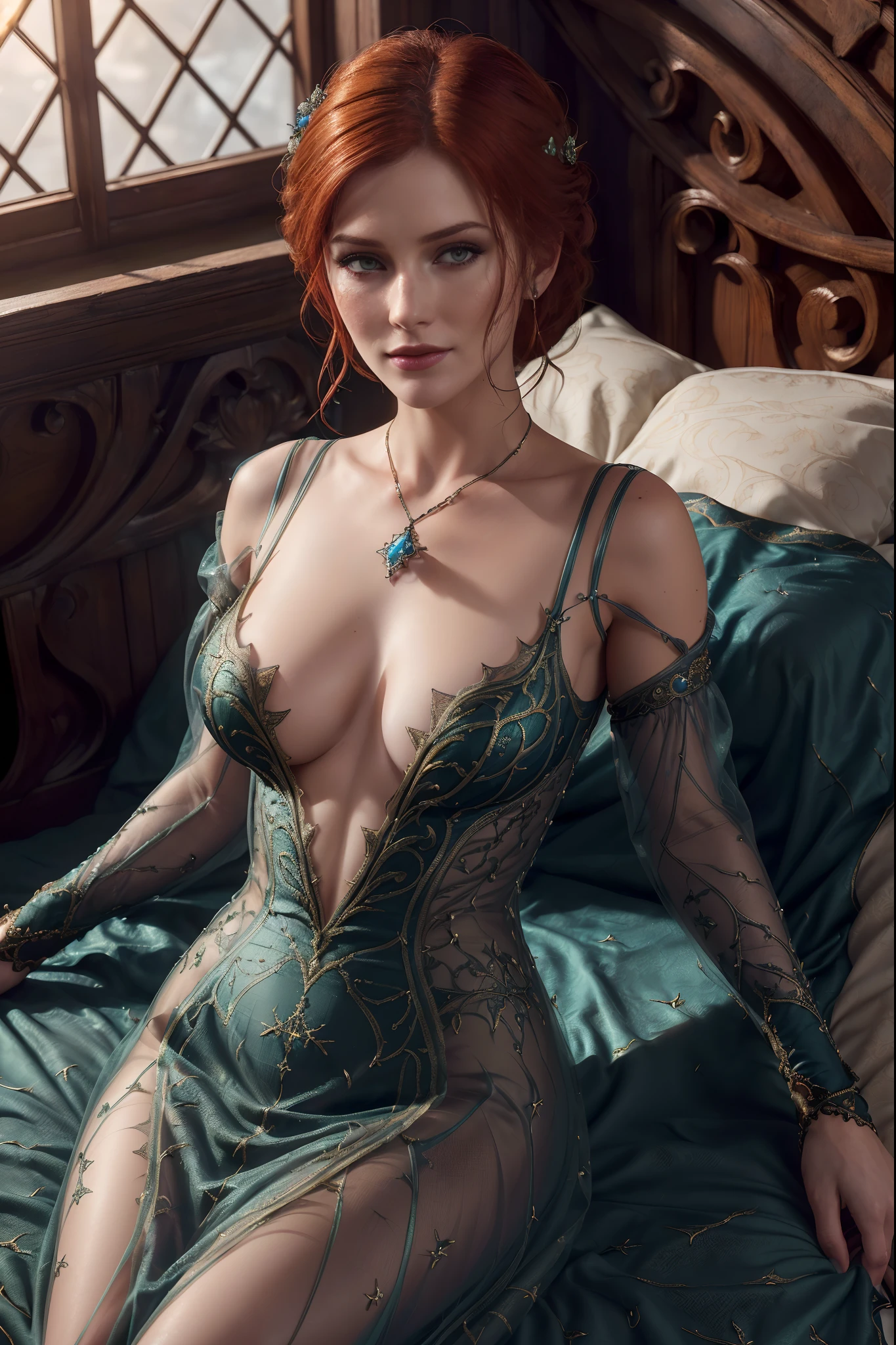 Masterpiece, Triss Merigold, high detail plunging transparent witch dress, lying on a bed, intricately detailed background, (UHD, 8K wallpaper, High resolution), Cinematic lighting, award-winning, extremely detailed skin, extra detailed face, high detail eyes, photo-realistic, Zeiss 85 mm F/1.4, by Ellen von Unwerth