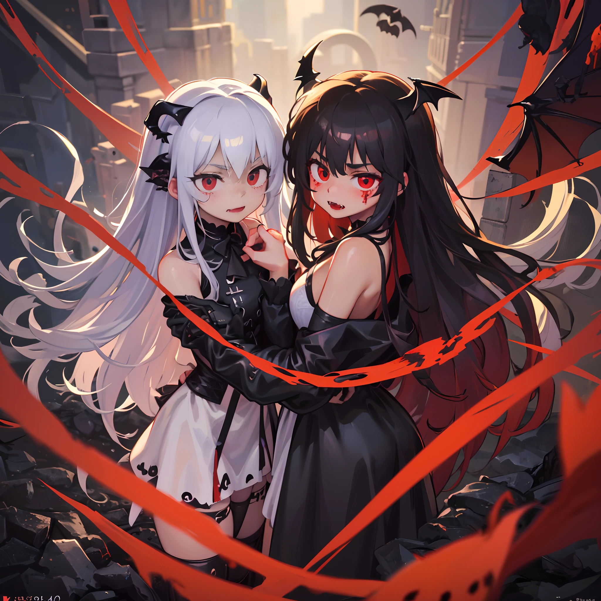 (best quality,4k,highres,masterpiece:1.2),ultra-detailed,realistic,portrait,dark,gothic,vampire girl,beautiful detailed eyes,long black hair,fair skin,red lips,long fangs,wings,black feathers,spooky,gothic clothing,corset,dress,open toe heels,blood red roses,dark background,dramatic lighting