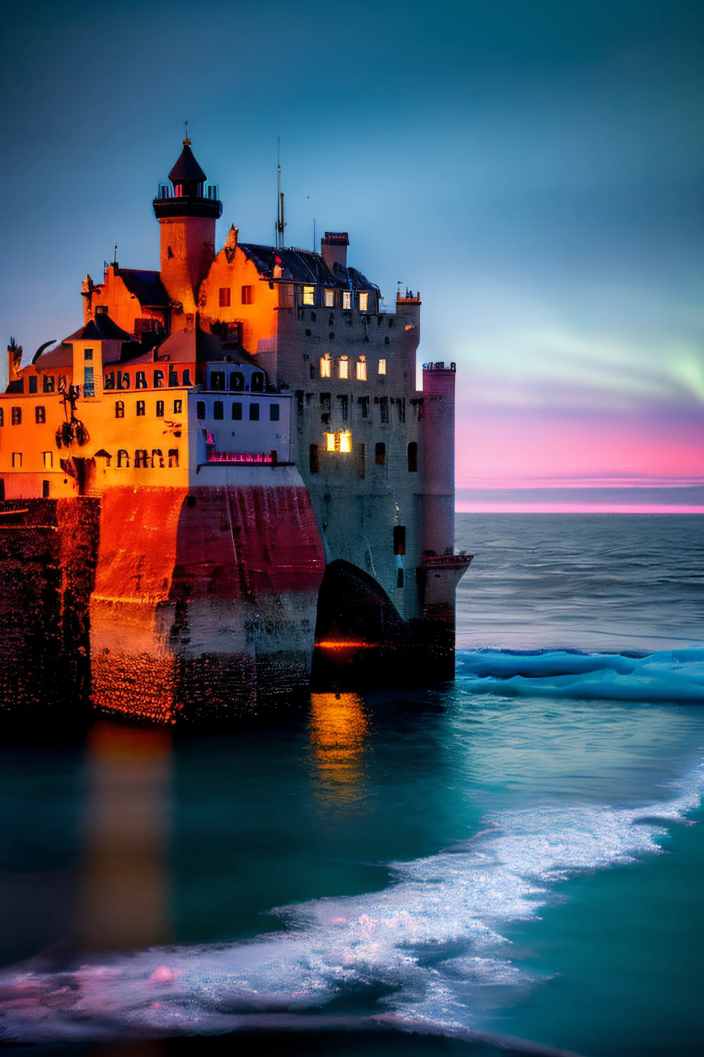 It is a mysterious city with stoned castles and harbor at the southeastern end of the unknown sky Polar Aurora Winter sunset, where the river meets the Sea of Ice at its eastern outlet, em cima do deserto Estreito. is a popular commercial destination for ships Airship Airship Atmosphere Steampunk UHD, 64 mil, irreal, dark ilumination, twilight lighting, volumeric lighting, detalhes intrincados, HD