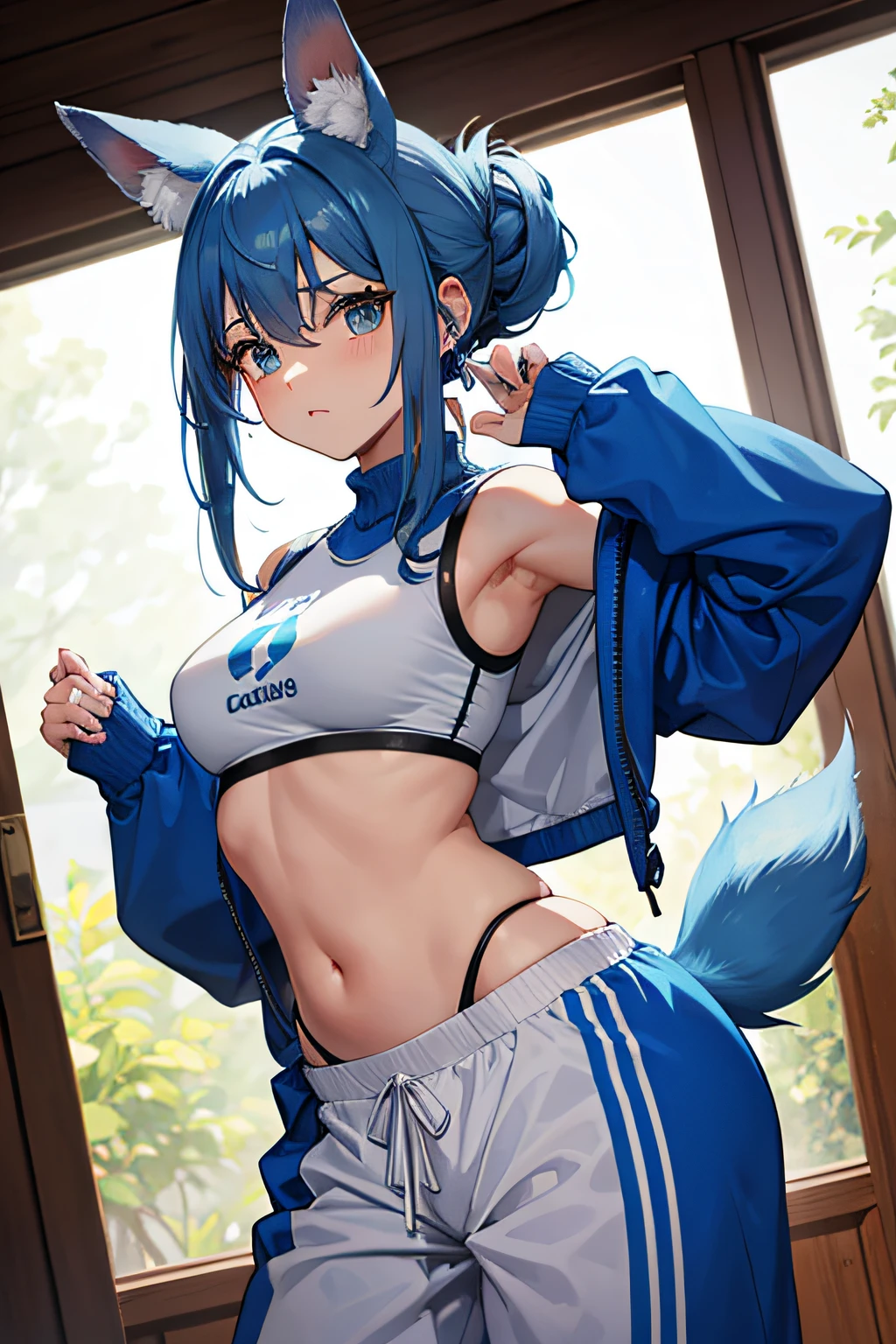 (Masterpiece) (High Detail) (High Res) A Short Humanoid Girl with pale human skin and blue eyes and long blue straight hair and blue dog ears and a fluffy blue dog tail and average breasts. She is wearing only a blue oversized baggy soccer jersey. She is sat in a locker room. She is pulling her shirt down to cover her thighs and looks shy.