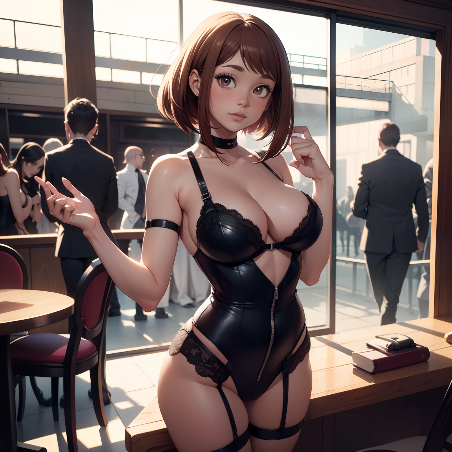 Hyper Realistic Super Detailed Sexy Ochaco Uraraka, NSFW (en anglais seulement) (en anglais seulement) (en anglais seulement) (en anglais seulement) (en anglais seulement) (en anglais seulement), Very detailed, expressions faciales sexy, seductive facial expressions, [:(Face detail: 1.4): 0.4], 16K resolution, 4k resolution, dinamic lighting, High definition resolution, (sexy pose, Position attrayante), (hyper realistic: 1.4), (back light: 1.2), (sun light: 1), (pleine hauteur: 1.8),(contrasting background: 1.5), (Anatomy of the hyperrealistic arm), (Hyperrealistic anatomy of the legs), (peau propre), (lighting cinematic: 1.7), (intime), (Technologie NVIDIA RTX Ray Tracing), (Anatomy of the hyperrealistic arm: 2), (Ventre plat parfait), (image couleur),Create a masterpiece in 4K resolution, ultra-realistic, and extremely detailed, featuring an alluring Ochaco Uraraka with an alluring physique and an attractive outfit in a strip club. Ochaco Uraraka is the central character of the work, exuding a captivating presence while she is in the bustling world of prostitution.

Ochaco Uraraka a un physique captivant, and its dress adds to its charm. She wears an outfit that is both elegant and tasteful......, accentuant sa silhouette attrayante, with a huge cleavage. She has very large breasts. Peut voir de la lingerie. Her hair is perfectly styled, and her makeup enhances her natural beauty. She behaves confidently and seduces, elle se touche les seins et tire la langue

. The interior of the strip club is realistically detailed, with other prostitutes who have bills in their bras.