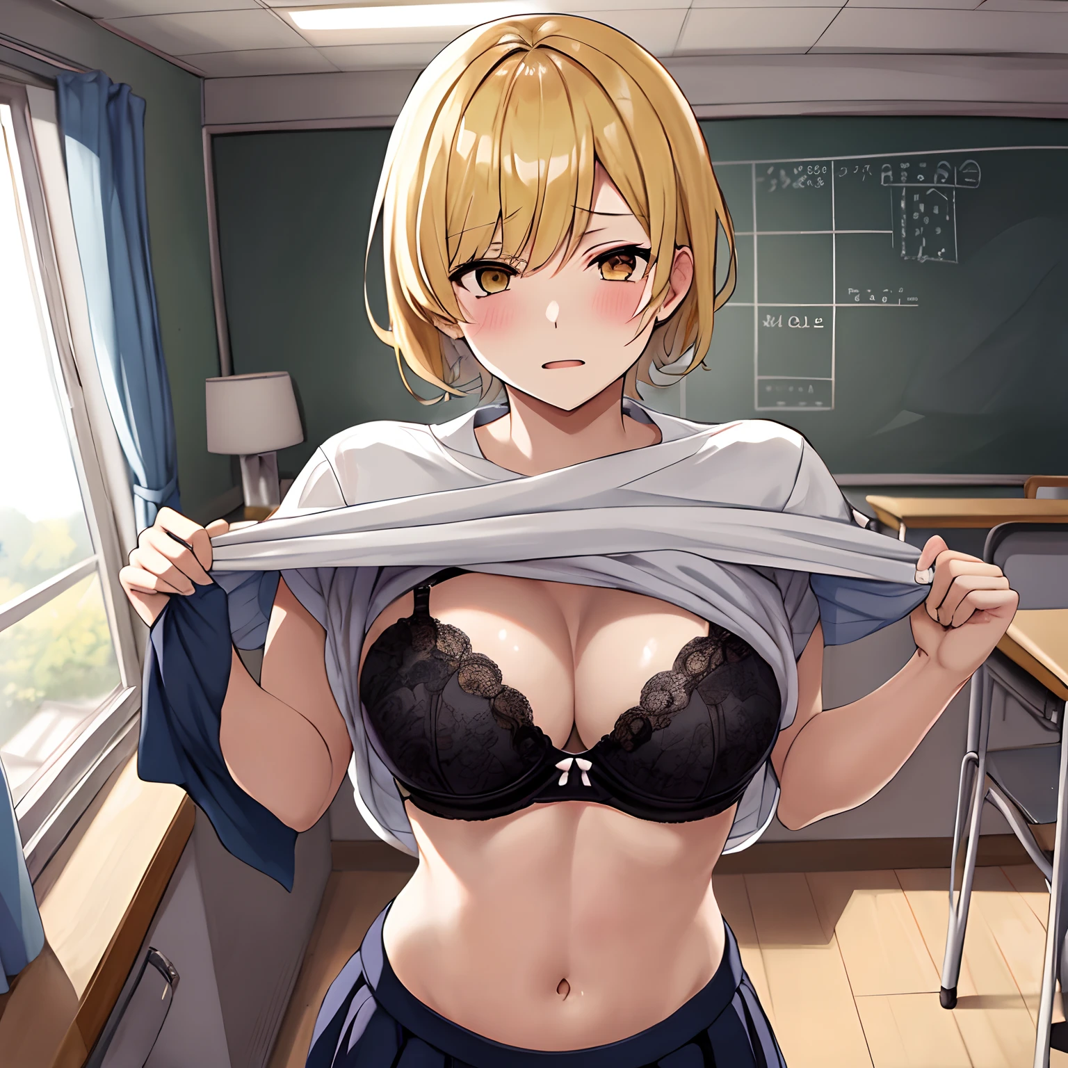1chica en, masutepiece, Mejor calidad, chica, mira al espectador, ((He lifted his shirt)), En la oficina, Show off your bra, Luz desde arriba, ((parece disgustada)), Escuela, Interior, Cras Room