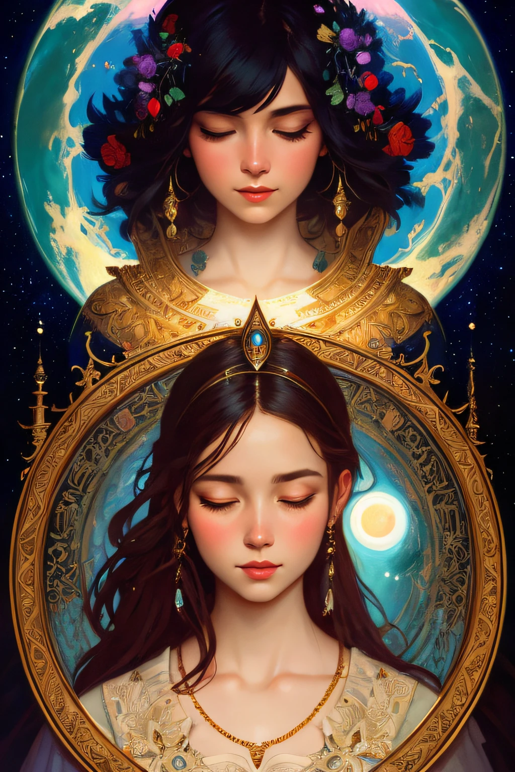 a beautiful latin woman, full body, looking at viewer, symmetric, eyes closed, slight smile, spirtual awakening, intricate details,
cosmic, ethereal, mystical, complicated environment, brush stokes, illuminating lights,
Greg Rutkowski, RHADS, Beeple, Makoto Shinkai, Lois van Baarle, Ilya Kuvshinov, Rossdraws, Tom Bagshaw, Alfonse Mucha,
masterpiece, ultra high res, high quality,