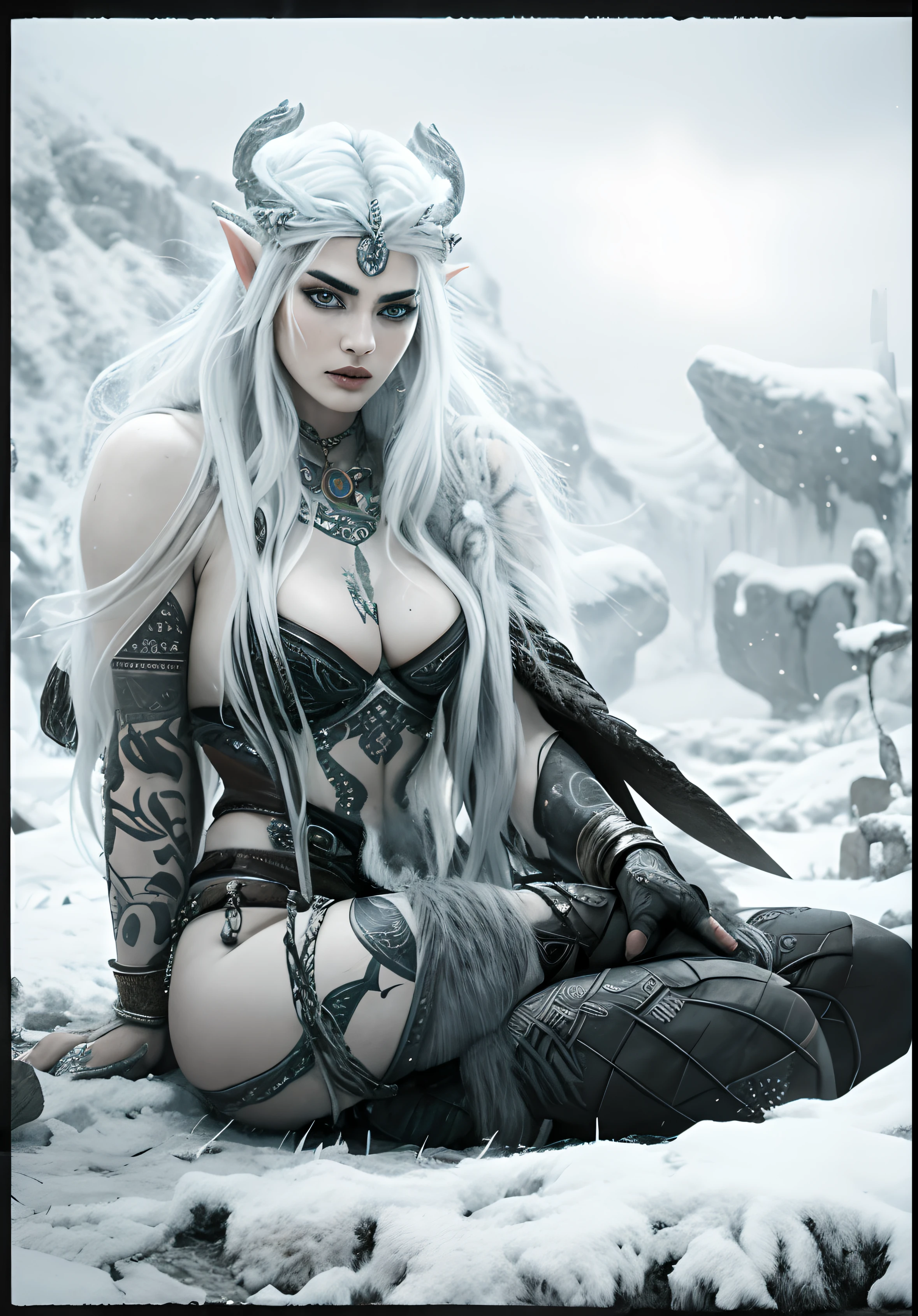 um close up de uma mulher com cabelos brancos e uma roupa branca, Rainha do gelo e da tempestade, Feiticeira do Gelo, deusa do frio, deusa do inverno, Bruxa Frost Antiga Bonita, Norse goddess, Rainha do Inverno, uma mulher berserker muito bonita, Barbarian Tribe, bela condessa elfa escura, princesa elf escuro, divindade de cabelos brancos, cabelos brancos, Epic fantasy art style, elfa das neves, corpo robusto, runic tattoos, Freezing weather, magical ambiance, tatuagem detalhada