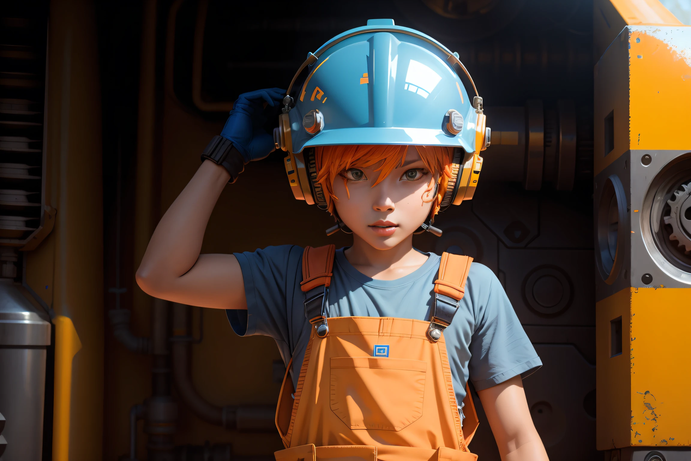 High resolution,high quality,(Perfect body),factory,Factory Plant,Thick Pipe,Many pipes,Pipes running overhead,Wet ground,One Girl,Light blue workwear,Yellow Safety Helmet,from side,toolbox,toolboxを持つ