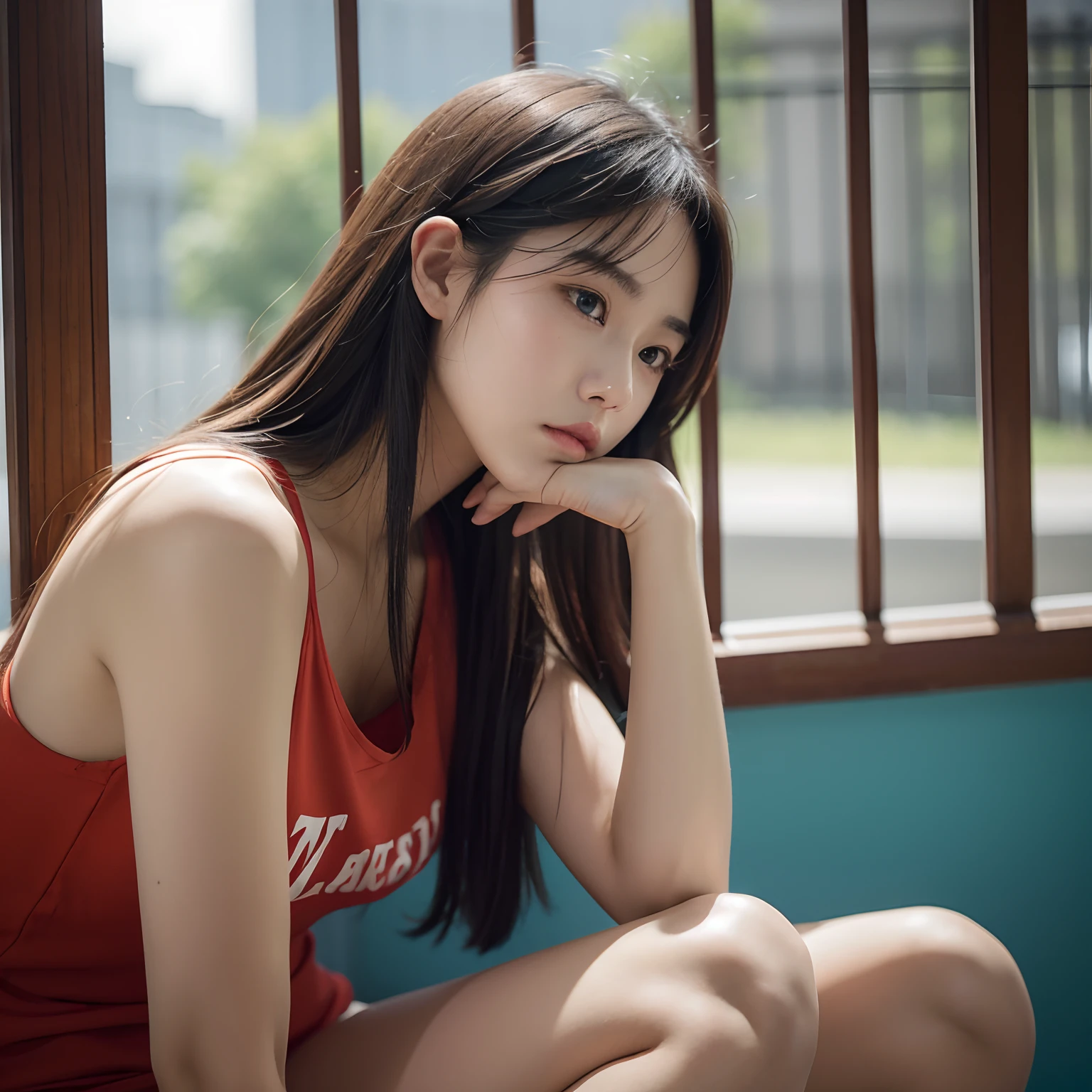 (Top image quality, 8K, ​masterpiece), top-quality, 超A high resolution,Japan Girl, 18year old、Wearing multi-colored underwear、Detailed details, on the beds、sitting and spreading her legs、 kawaii faces, Melancholy look, 二重まぶた、huge-breasted、Light hair color、long、straight haired、Window with night view on background、电影灯光, Photorealsitic, real looking skin, nffsw,