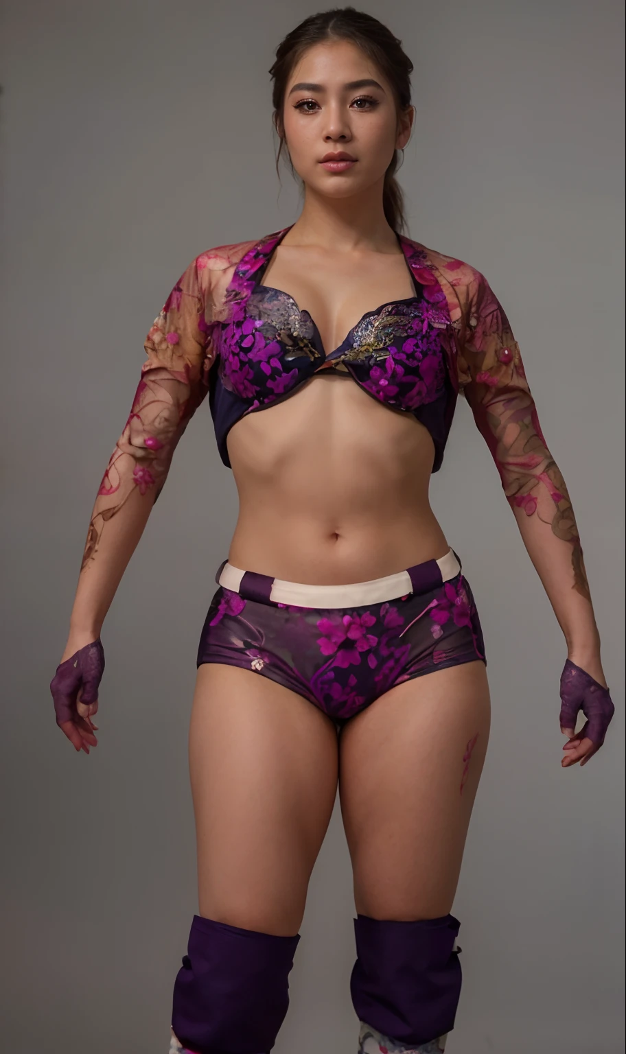(best quality,4k,8k,highres,masterpiece:1.2), ultra-detailed, realistic:1.37, traditional Japanese wrestling costume, beautiful detailed eyes, beautiful detailed lips, long eyelashes, intense gaze, strong yet delicate features, confident stance, dynamic action, vibrant colors, intricate kimono pattern, elegant hairstyle, traditional Japanese makeup, cherry blossom backdrop, dramatic lighting