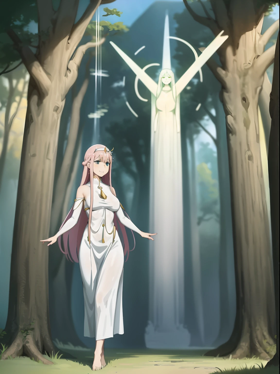 Zero Two, dress, sun halo, holy, smile, medium breast, priestess, full body, walking, divine aura, sun halo, solar halo, long skirt, porcelain skin, ethereal, graceful movement, flowing golden hair, radiant beauty, enchanting gaze, serene expression, soft sunlight, angelic presence, celestial atmosphere, mystical background, celestial light, glowing halo, gentle breeze, ethereal glow, captivating aura, divine radiance, natural beauty, sublime elegance, heavenly charm, peaceful countenance, harmonious surroundings, ethereal grace, mesmerizing presence, transcendent allure, magical serenity, serene and majestic, radiant happiness, heavenly enchantment, delicate features, elegant posture, celestial maiden, otherworldly presence, serene and ethereal, divine embodiment, celestial being, spiritual tranquility, mesmerizing beauty, ethereal goddess, radiant purity. Preparing SeaArt Bot Txt2Img Default 21:19:45, green eyes
