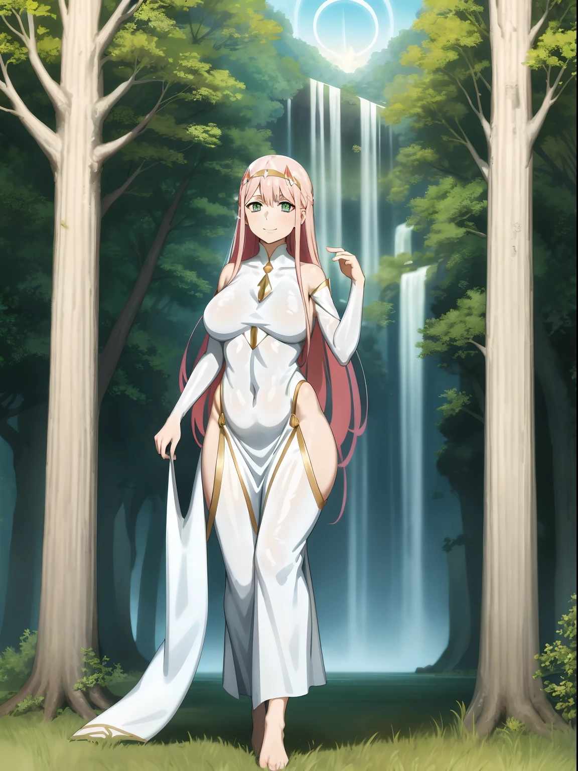 Zero Two, dress, sun halo, holy, smile, medium breast, priestess, full body, walking, divine aura, sun halo, solar halo, long skirt, porcelain skin, ethereal, graceful movement, flowing golden hair, radiant beauty, enchanting gaze, serene expression, soft sunlight, angelic presence, celestial atmosphere, mystical background, celestial light, glowing halo, gentle breeze, ethereal glow, captivating aura, divine radiance, natural beauty, sublime elegance, heavenly charm, peaceful countenance, harmonious surroundings, ethereal grace, mesmerizing presence, transcendent allure, magical serenity, serene and majestic, radiant happiness, heavenly enchantment, delicate features, elegant posture, celestial maiden, otherworldly presence, serene and ethereal, divine embodiment, celestial being, spiritual tranquility, mesmerizing beauty, ethereal goddess, radiant purity. Preparing SeaArt Bot Txt2Img Default 21:19:45, green eyes
