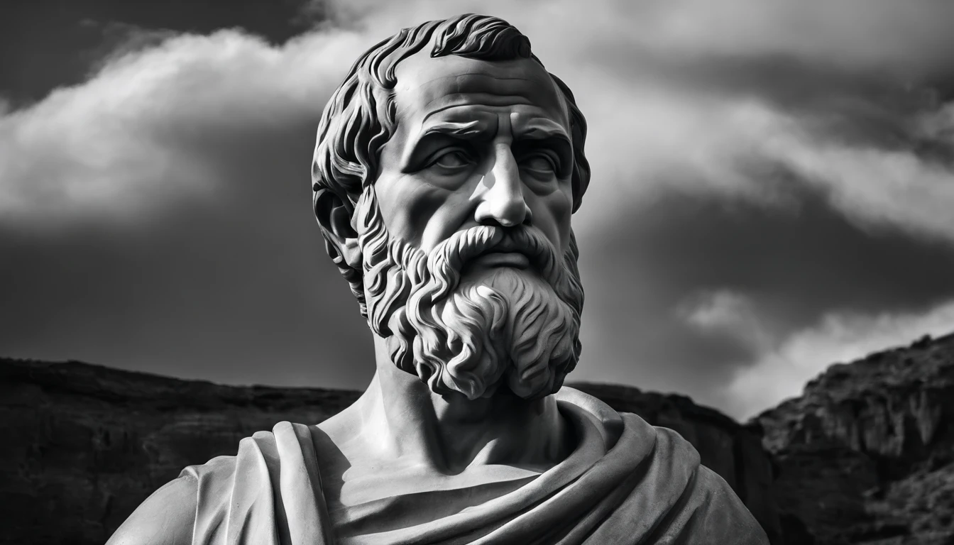 a portrait statue of the stoic Seneca in black and white 4K,Face de lado, papel de parede super realista