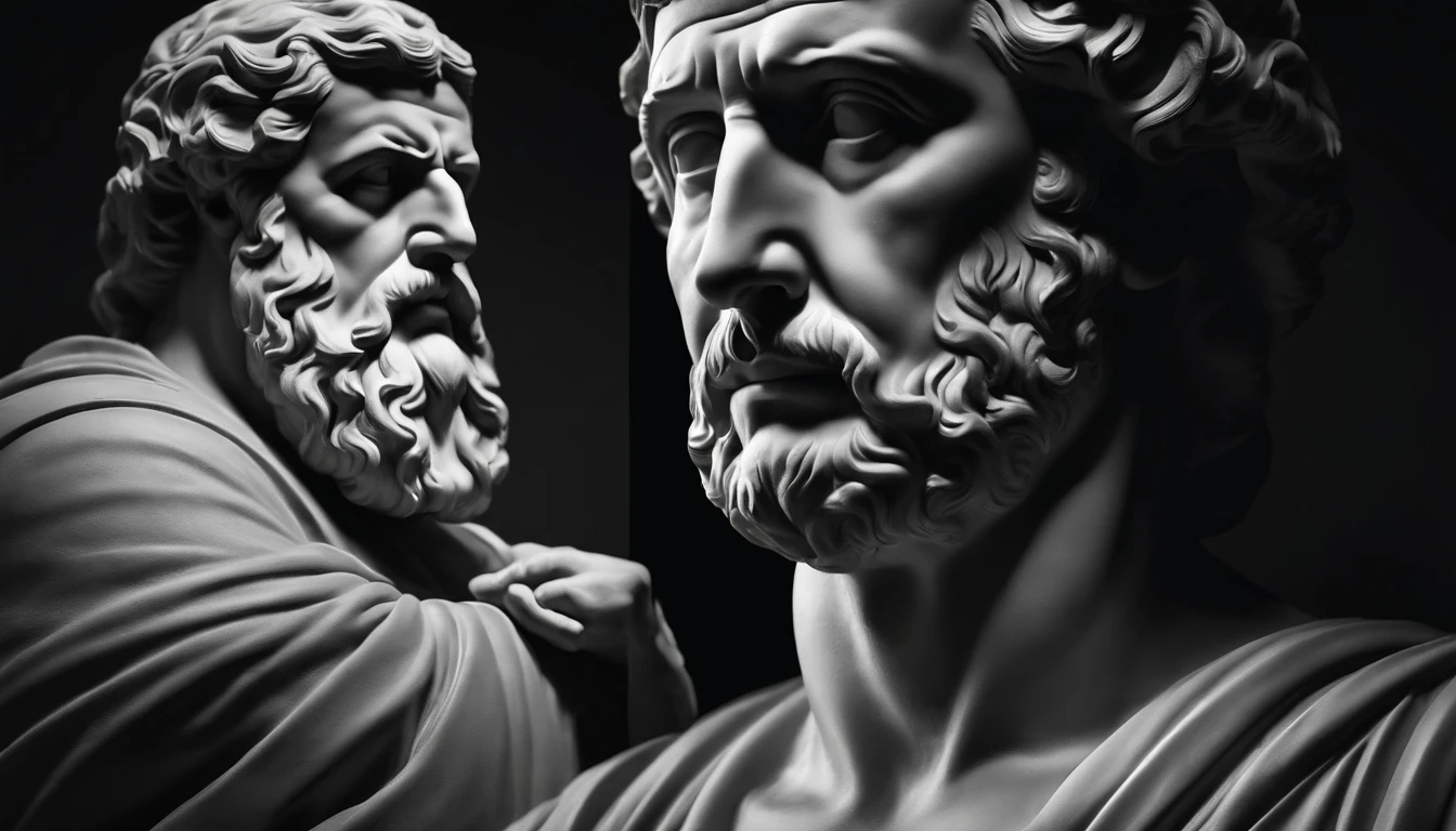 a portrait statue of the stoic Seneca in black and white 4K,Face de lado, papel de parede super realista