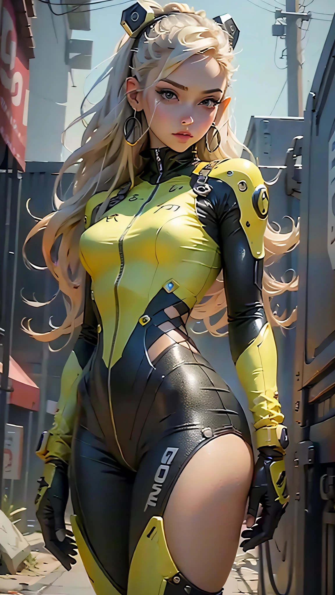 beautiful cyber girl looking at camera clothes sex jumpsuit light yellow,girl muscles detailed realistic masterpiece