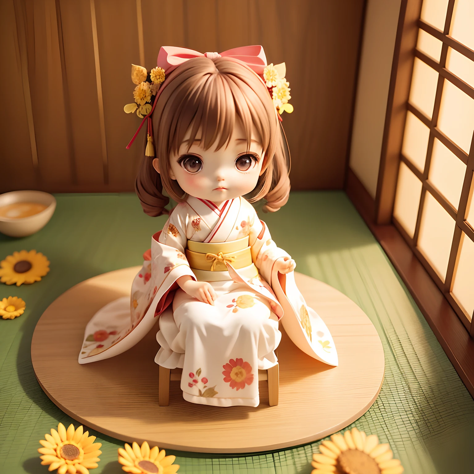 Cute Chibi Baby Anime Sitting on a Ticup，Wearing a kimono with a sunflower print，Sit down and bow，traditional Japanese room，Delicate hand，delicate finger，Best Quality，top-quality，Delicate and meticulous construction