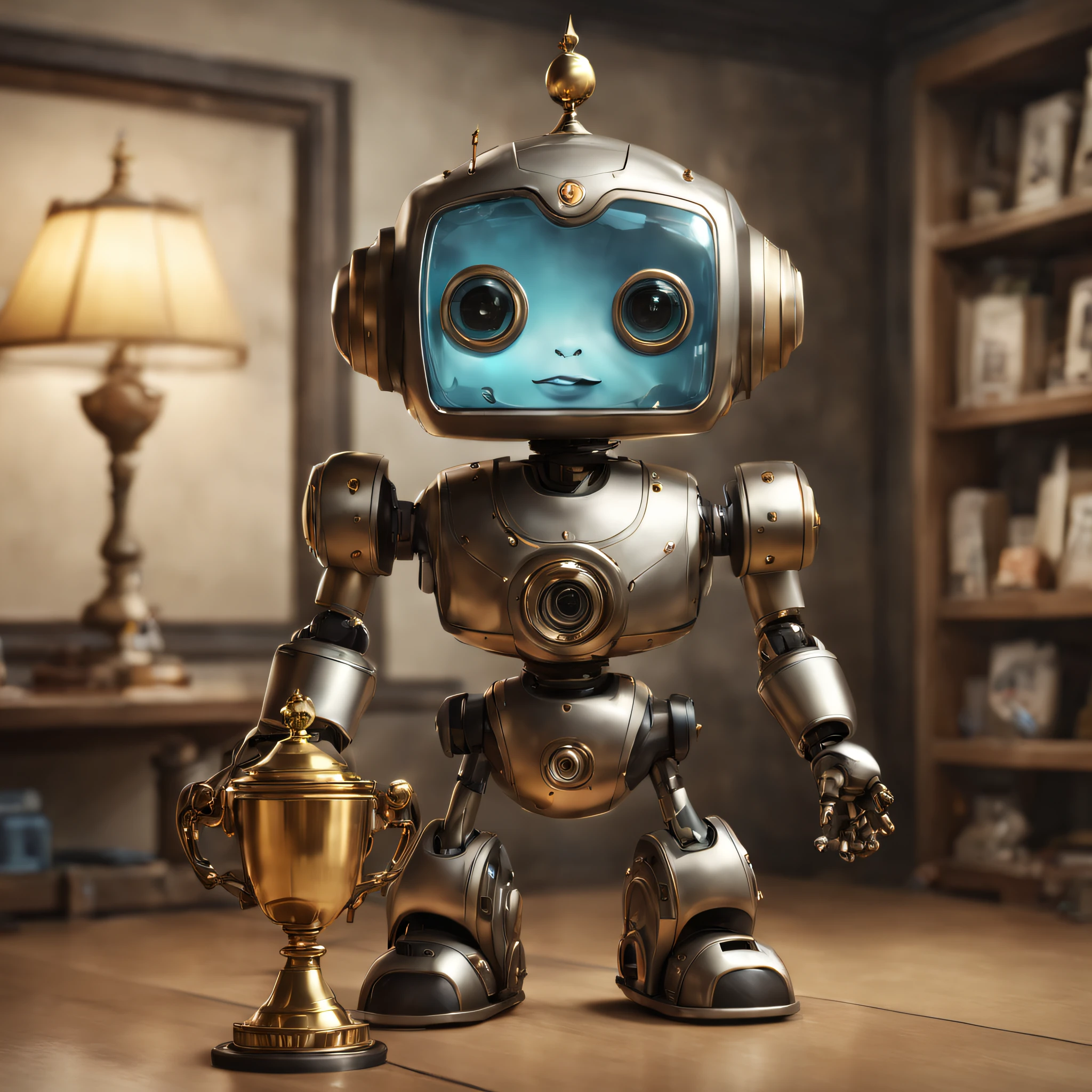 icon of cute robot with trophy on his hands, detailed, digital painting, cinematic character design by mark ryden and pixar and hayao miyazaki, unreal 5, daz, hyperrealistic, octane render