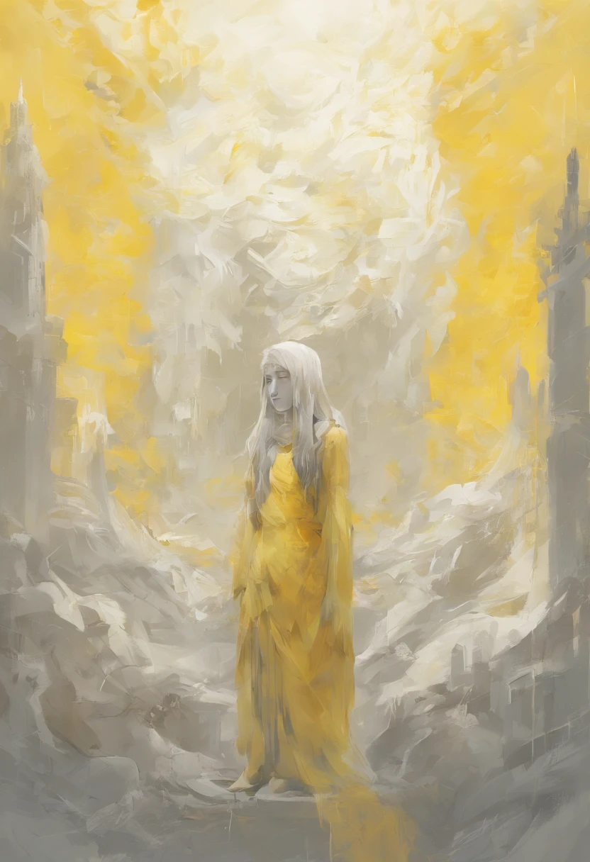 evoking emotions like pity , glory and make you worry about others by mostly white and yellow palette , texture is soft with yellow pastel background , 30 percent at least white . but also realistic surrealism . style is oil-painting based of