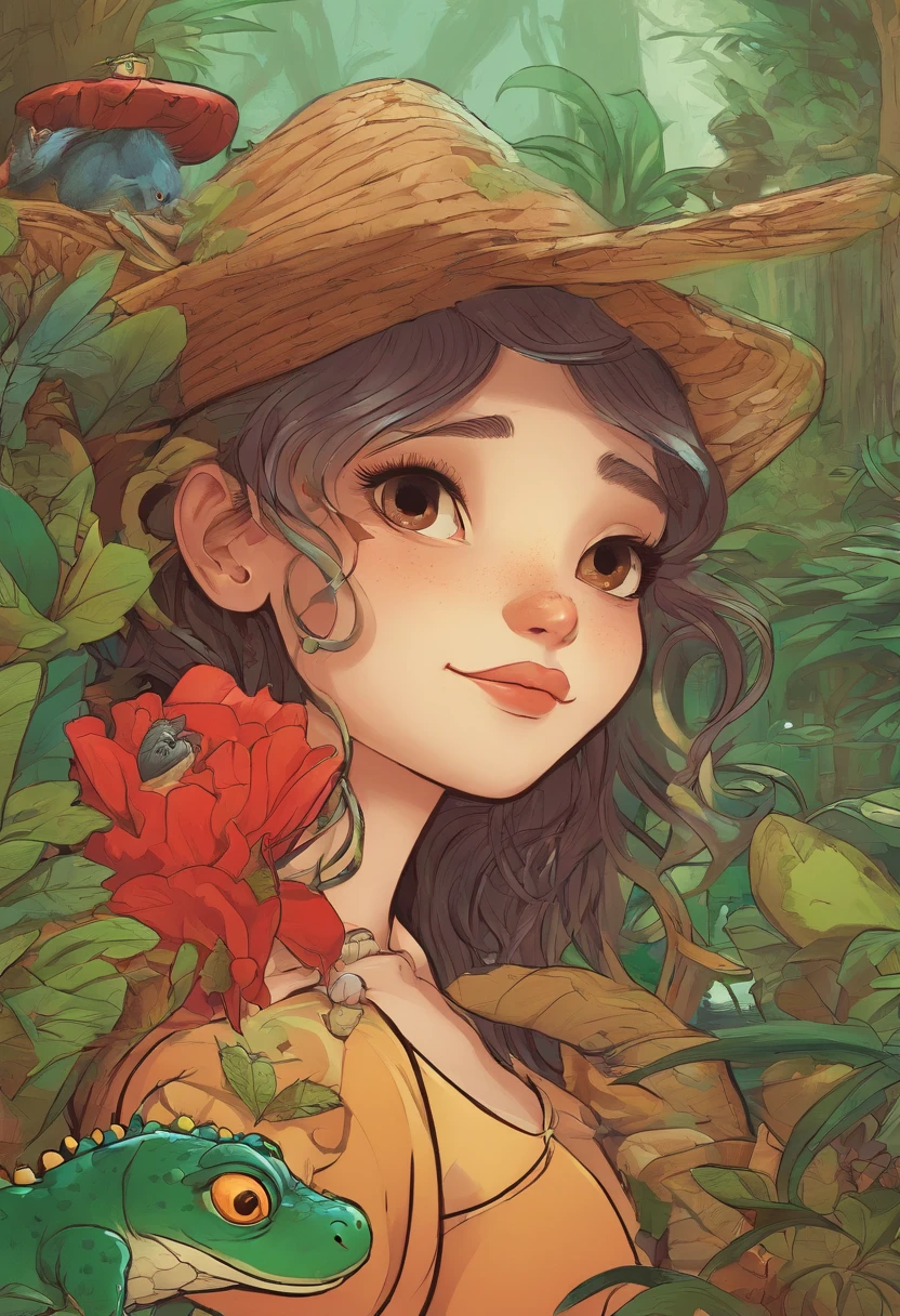 uma bruxa com um rosto de crocodilo pele verde de corpo inteiro com um vestido vermelho e cabelo loiro em uma floresta tropical, fantasia, Sonho, Motor irreal, cozy indoor lighting, art-station, circunstanciado, pintura digital, cinemactic, Design de personagens por Mark Ryden e Pixar e Hayao Miyazaki, irreal 5, DAZ, hiper-realista, octan render
