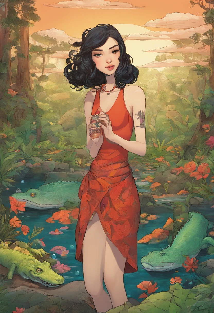 uma bruxa com um rosto de crocodilo pele verde de corpo inteiro com um vestido vermelho e cabelo loiro em uma floresta tropical, fantasia, Sonho, Motor irreal, cozy indoor lighting, art-station, circunstanciado, pintura digital, cinemactic, Design de personagens por Mark Ryden e Pixar e Hayao Miyazaki, irreal 5, DAZ, hiper-realista, octan render
