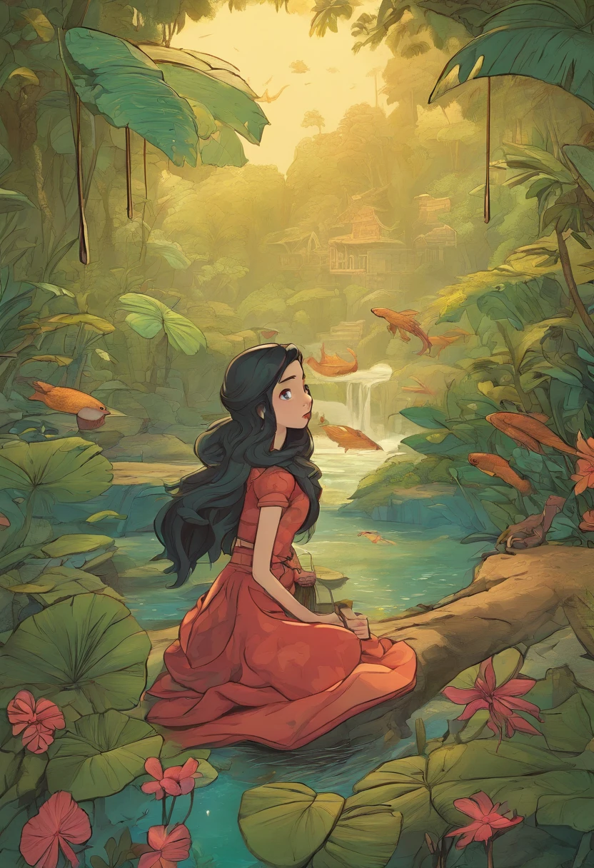 uma bruxa com um rosto de crocodilo pele verde de corpo inteiro com um vestido vermelho e cabelo loiro em uma floresta tropical, fantasia, Sonho, Motor irreal, cozy indoor lighting, art-station, circunstanciado, pintura digital, cinemactic, Design de personagens por Mark Ryden e Pixar e Hayao Miyazaki, irreal 5, DAZ, hiper-realista, octan render