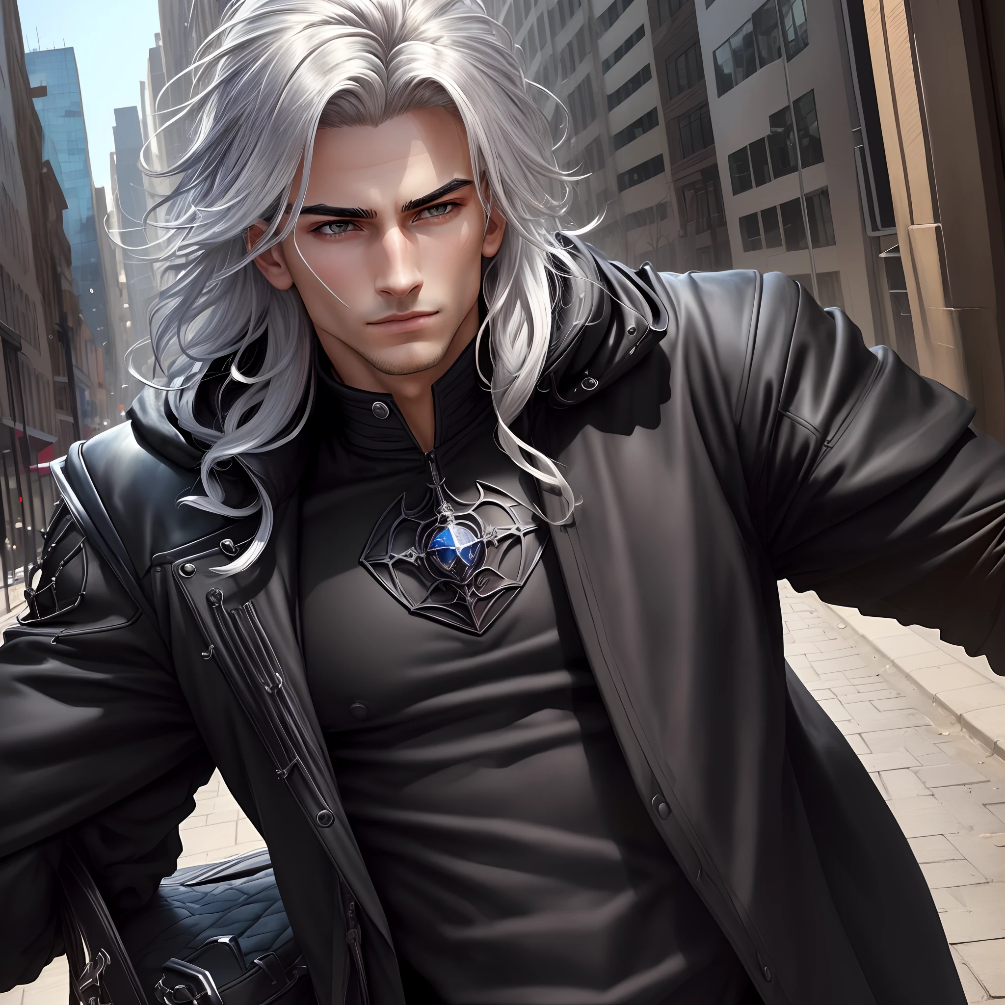 ((masterpiece)), the best quality, ultra detailed, intricate details, vivid colors, sharp focus, a young, Handsome, strong and muscular Man, with eyes of the color spider (((alone)). (((with a black jacket.)))), Hair very long and long and spiky, Silver hair, Urban landscape in the city in the morning of the day. {{{Masterpiece:1.3 }}}, {{{realistic}}}, {{{perfect anatomy: 1.3}} Strong jaw, {{extremely detailed}}}, {{perfect face}}, {{perfect eyes}} refined, {{Natural Lighting}}, {{cool}}, (detailed body), (((best quality))), good anatomy, (((highly detailed features)), expression would be. Looking at the viewer.