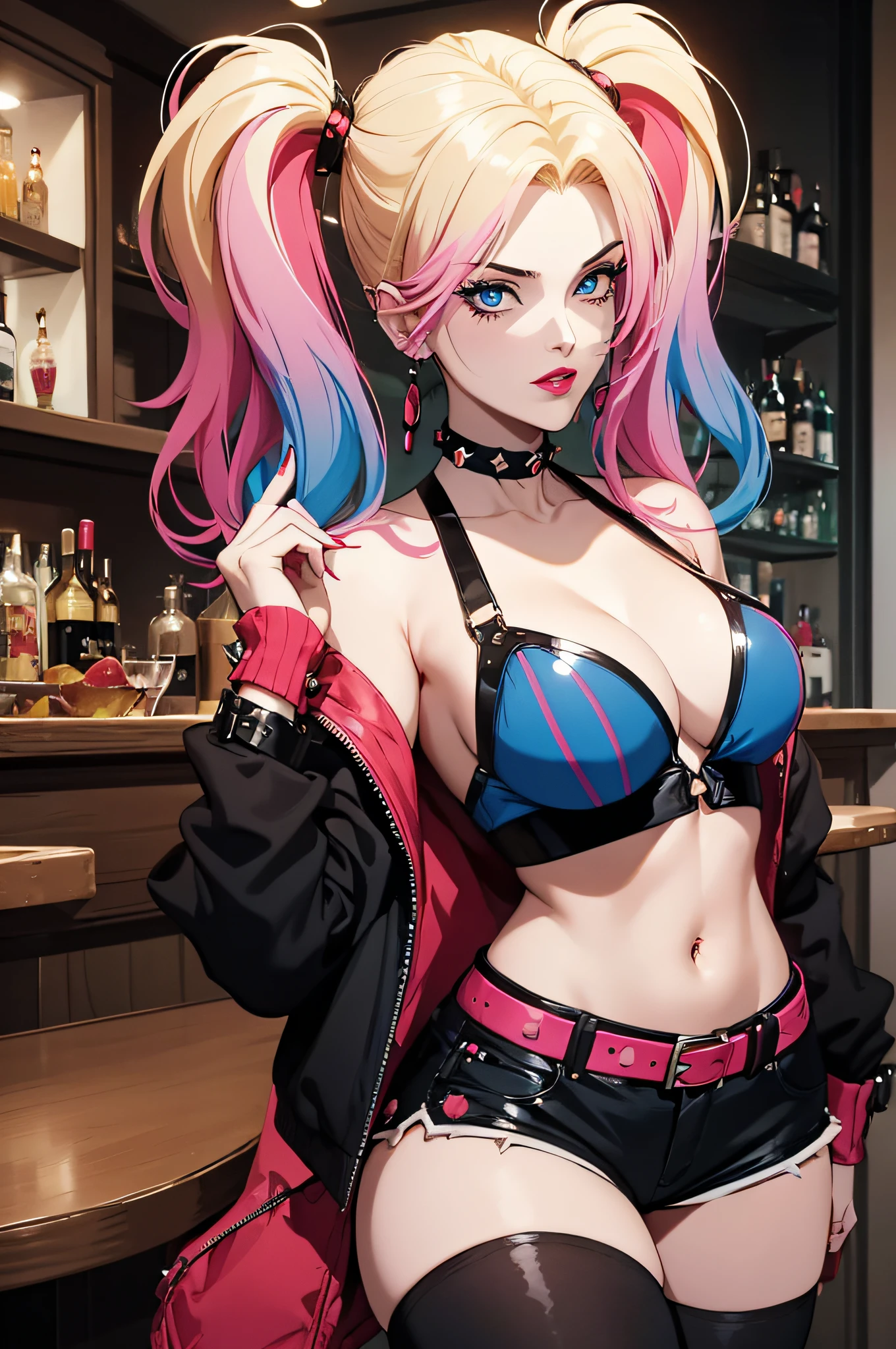 ((masterpiece, best quality, detailed)), (best quality, masterpiece:1.4), 8k, highres, highly detailed, intricate detail, dim lighting, ambient lighting, Exquisite details and textures, realistic, (1girl), 90's anime style ( Harley Quinn relaxing in a bar ( blue eyes, blonde hair, twintails, blue hair, multicolored hair, choker, gradient hair, makeup, piercing, pink hair, lips, lipstick, red lips, thighhighs, navel, cleavage, jewelry, jacket, open clothes, shorts, midriff, black thighhighs, collar, bracelet, open jacket, black jacket, crop top, short shorts, chain, spikes, cropped jacket, spiked bracelet, spiked collar, multicolored jacket,)), bar at night, Highly detailed bar background, Traditional Media, hands behind back