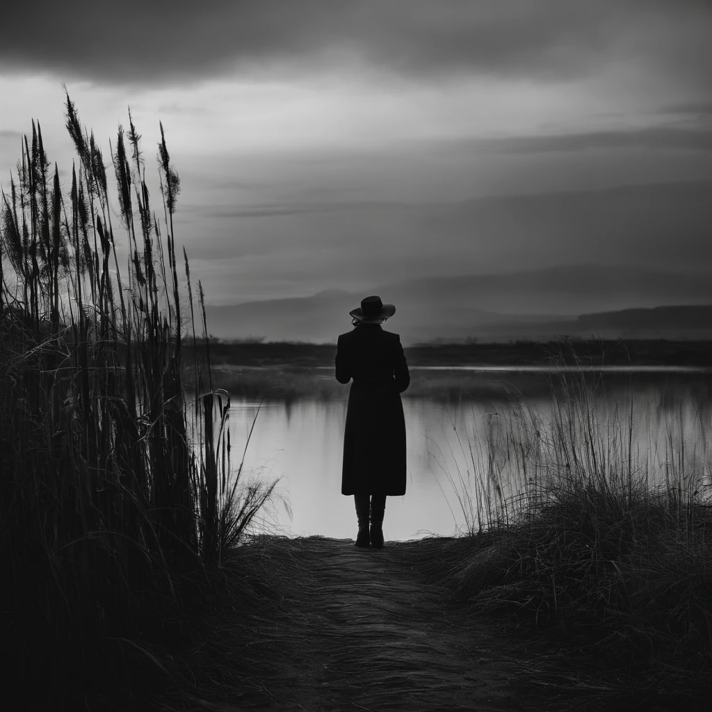 black and white photo of a woman standing in the reeds near the marsh, wearing a long light-gray coat, full-length portrait with a suitcase in her hands, in the spirit of the thriller of the 50s, winner of photo contest, editorial photo