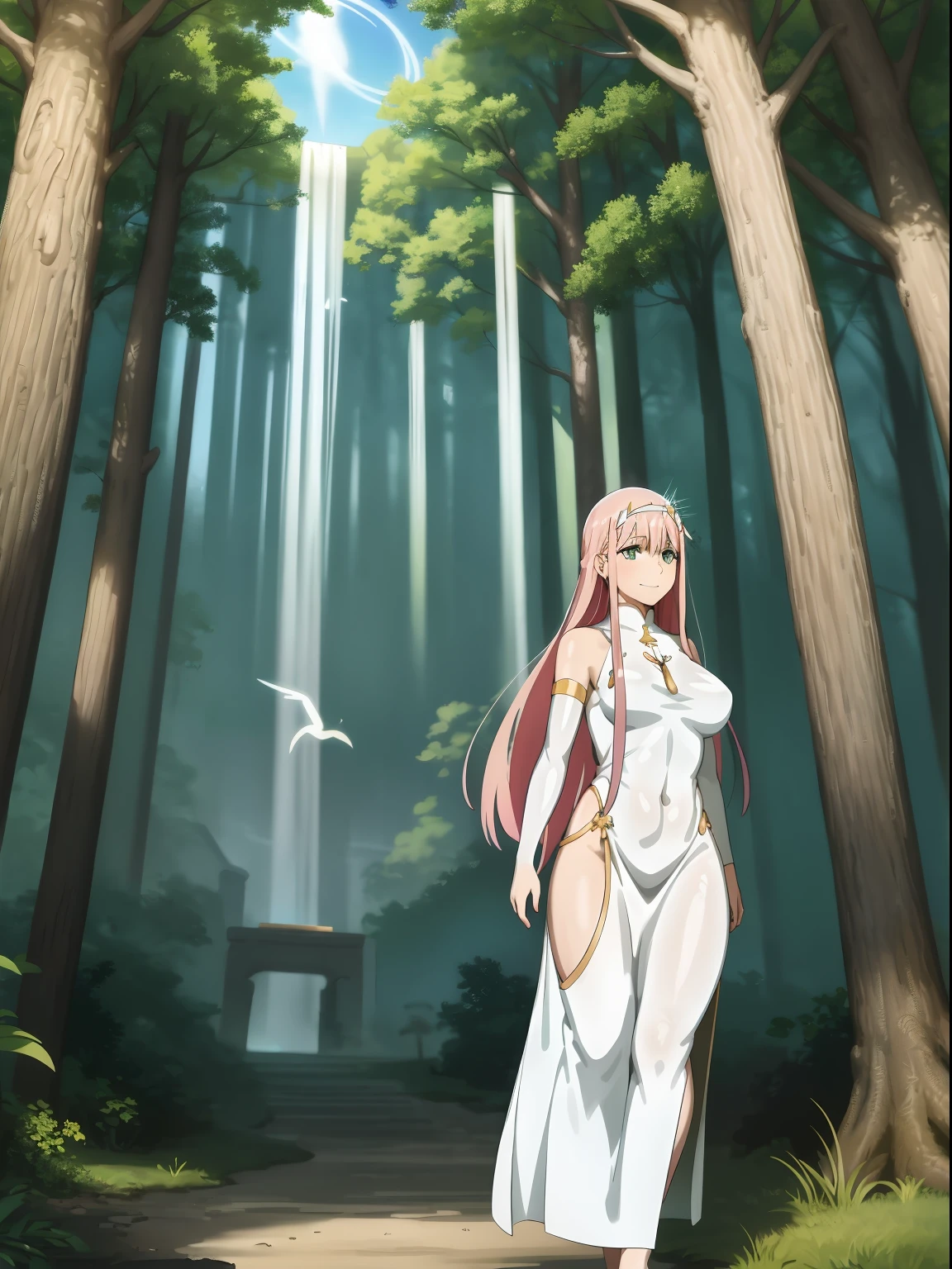 Zero Two, dress, sun halo, holy, smile, medium breast, priestess, full body, walking, divine aura, sun halo, solar halo, long skirt, porcelain skin, ethereal, graceful movement, flowing golden hair, radiant beauty, enchanting gaze, serene expression, soft sunlight, angelic presence, celestial atmosphere, mystical background, celestial light, glowing halo, gentle breeze, ethereal glow, captivating aura, divine radiance, natural beauty, sublime elegance, heavenly charm, peaceful countenance, harmonious surroundings, ethereal grace, mesmerizing presence, transcendent allure, magical serenity, serene and majestic, radiant happiness, heavenly enchantment, delicate features, elegant posture, celestial maiden, otherworldly presence, serene and ethereal, divine embodiment, celestial being, spiritual tranquility, mesmerizing beauty, ethereal goddess, radiant purity. Preparing SeaArt Bot Txt2Img Default 21:19:45, green eyes, white, dress