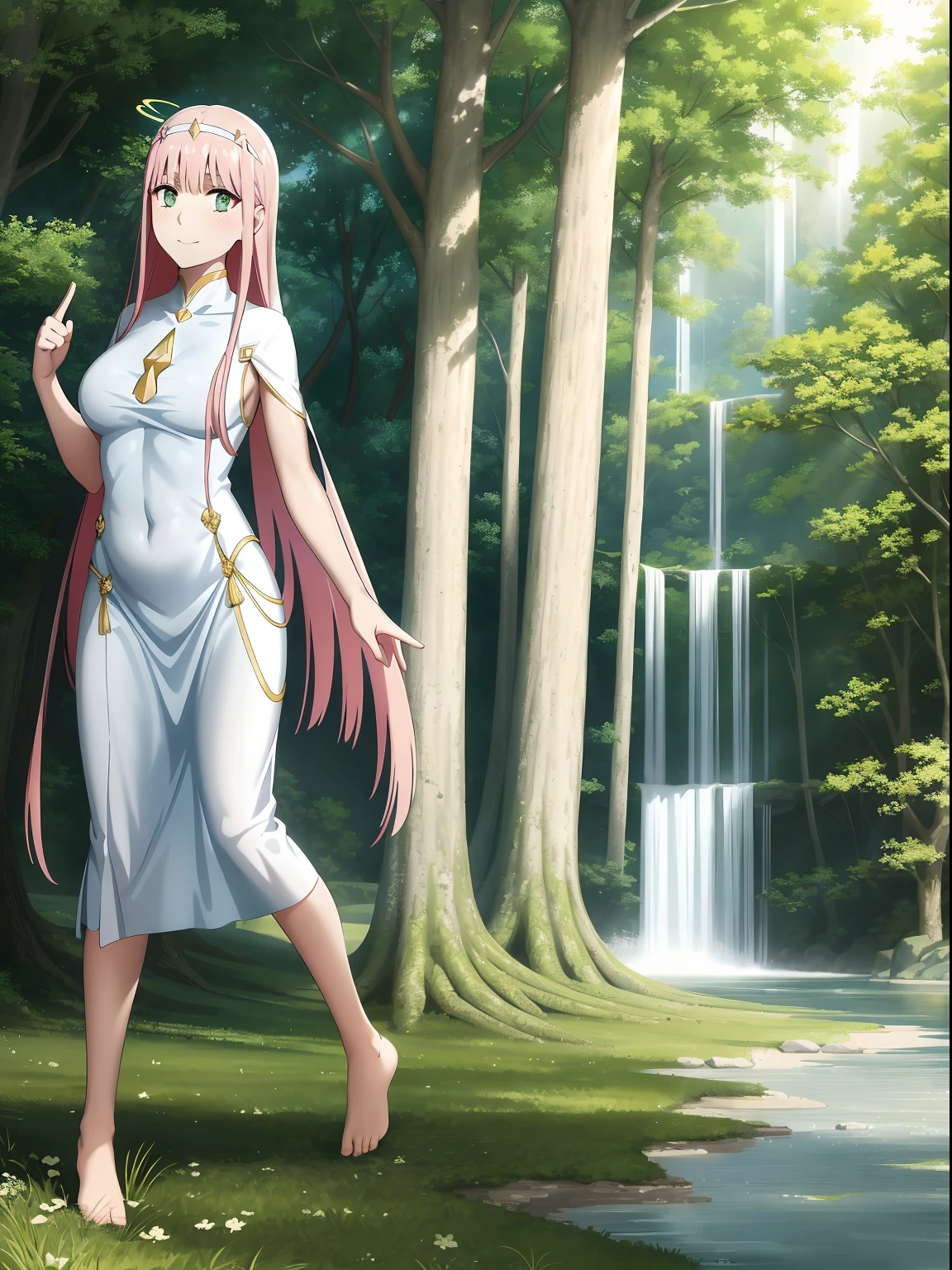 Zero Two, dress, sun halo, holy, smile, medium breast, priestess, full body, walking, divine aura, sun halo, solar halo, long skirt, porcelain skin, ethereal, graceful movement, flowing golden hair, radiant beauty, enchanting gaze, serene expression, soft sunlight, angelic presence, celestial atmosphere, mystical background, celestial light, glowing halo, gentle breeze, ethereal glow, captivating aura, divine radiance, natural beauty, sublime elegance, heavenly charm, peaceful countenance, harmonious surroundings, ethereal grace, mesmerizing presence, transcendent allure, magical serenity, serene and majestic, radiant happiness, heavenly enchantment, delicate features, elegant posture, celestial maiden, otherworldly presence, serene and ethereal, divine embodiment, celestial being, spiritual tranquility, mesmerizing beauty, ethereal goddess, radiant purity. Preparing SeaArt Bot Txt2Img Default 21:19:45, green eyes, white dress