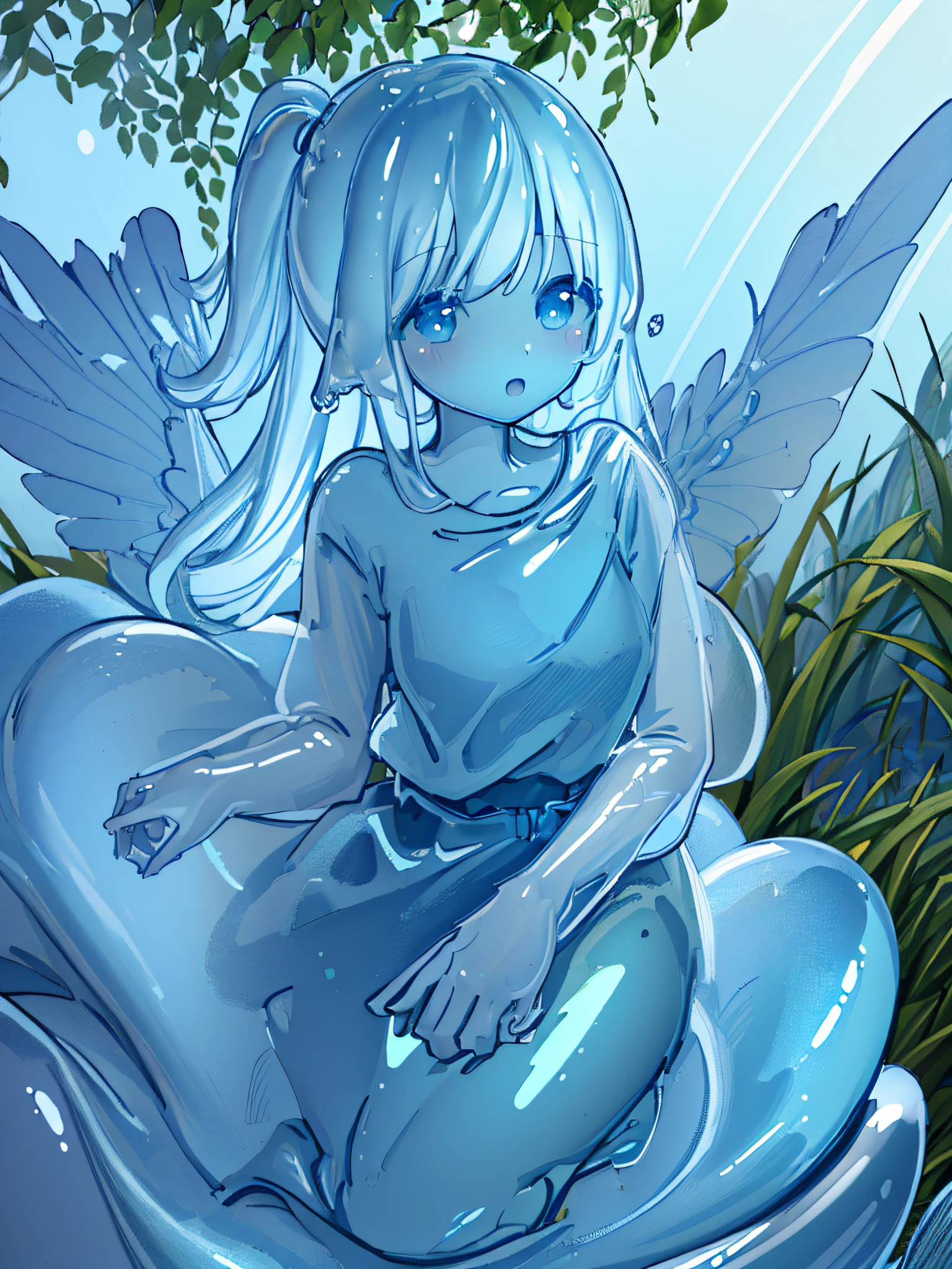 ((masterpiece)), ((illustration)), ((strong outlines)), perfect anatomy, 1girl, solo focus, fantasy (slime girl), slimy blue skin, forest, (8k), beautiful, perfect, high quality, high detail, digital drawing, cute, blue, pretty face, (((ultra detail)))