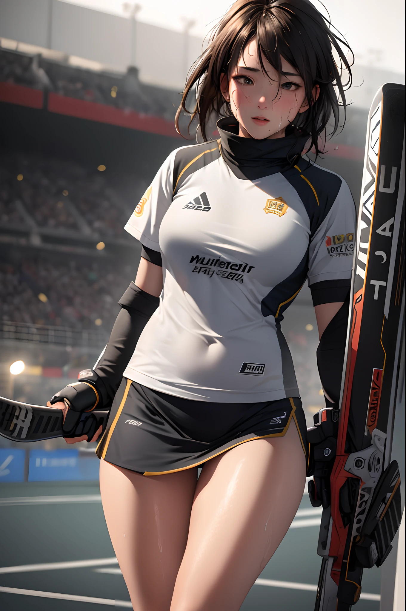 (Best Quality,8K,hight resolution,masuter piece:1.2),Ultra-detailed,Realistic:1.37,Portrait,Dynamic Angle,(Women's hockey players) ,age girl,small head,Cute,Sporty,Charming face,Detailed beauty face,Very realistic skin,Wet skin,Sweat,Large breasts,nice legs ,Sporty,Field Hockey Venues ,Cinematic lighting,