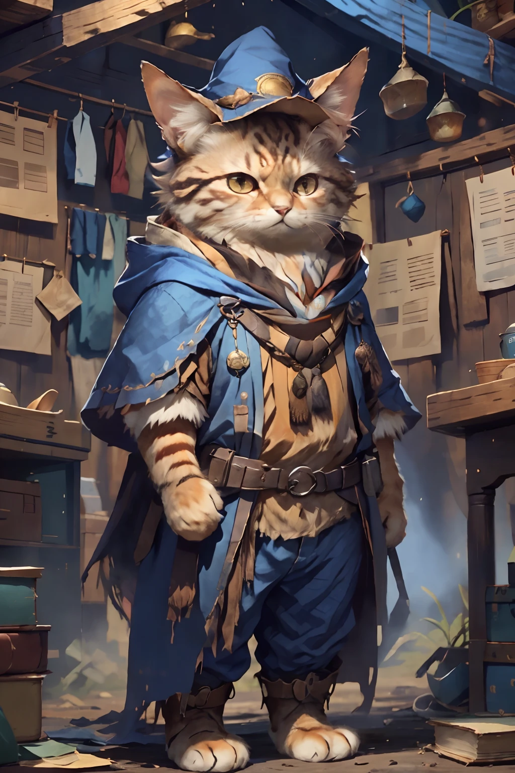 full-length portrait, Brown C4ttitude, In a blue wizard costume, wizard hat