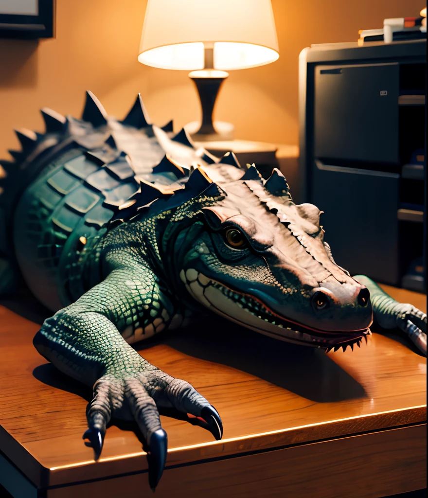 Alligator with an m16 sitting on a desk