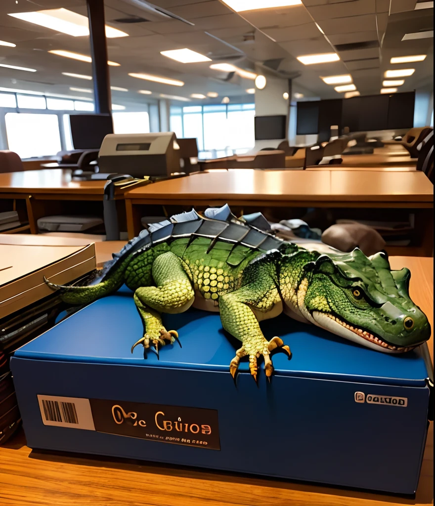 Alligator with an m16 sitting on a desk