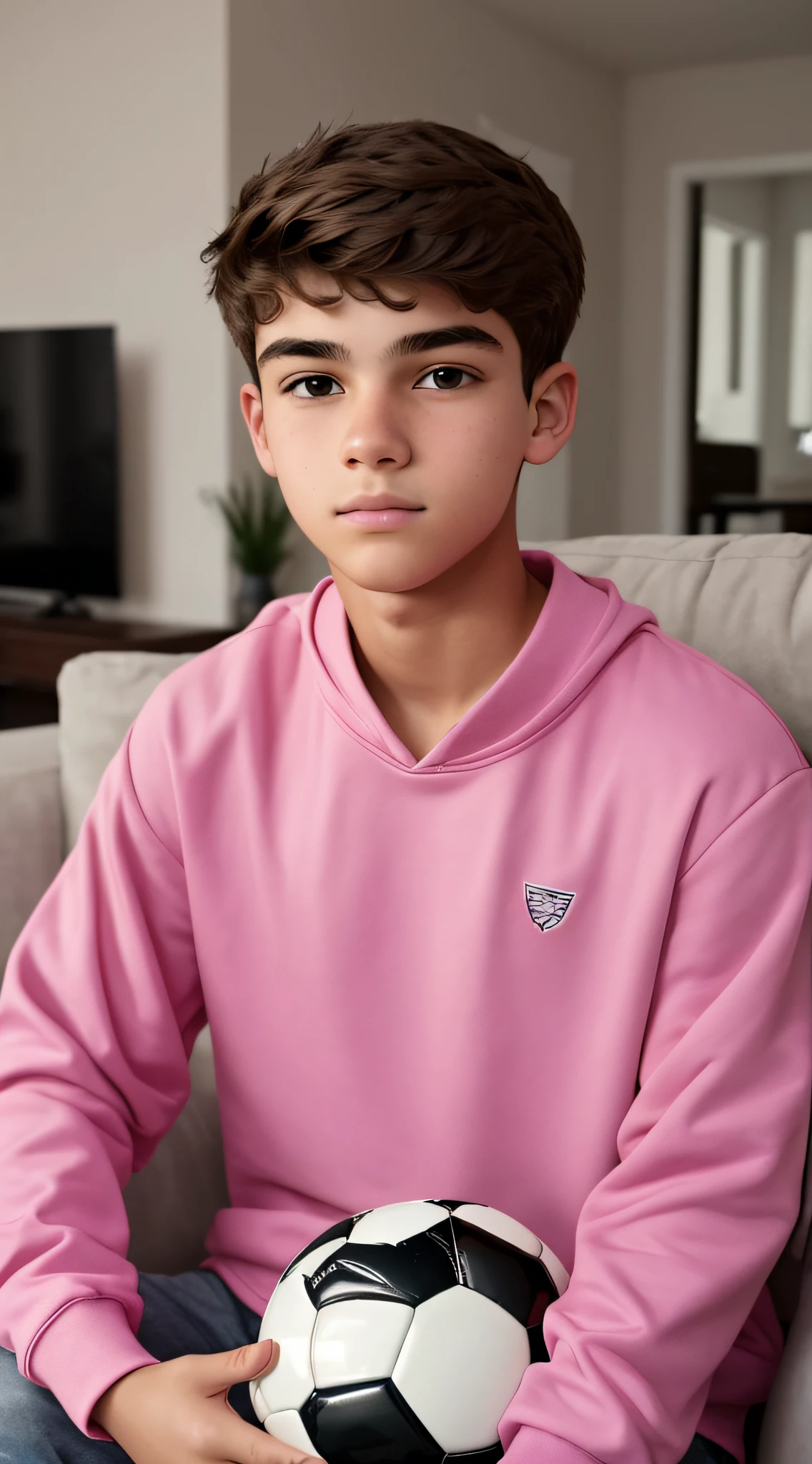 a -yeld yo man in the living room, wearing a pink sweatshirt, holding a soccer ball in his hands, looking directly at the camera, close-up, hd, 8k