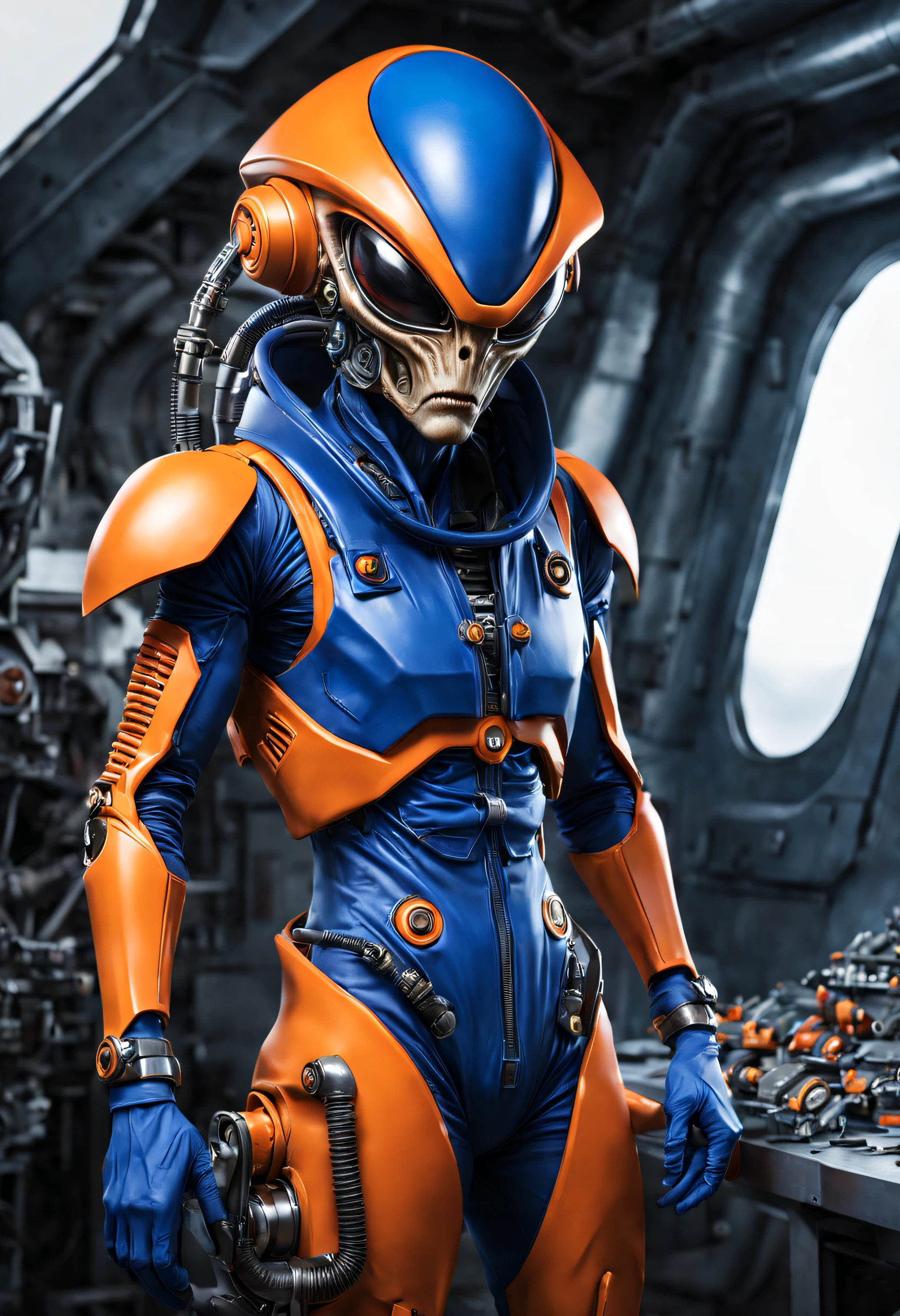 alien mechanical engineer, orange skin, blue jumpsuit with pockets, heavy key on shoulder, helmet on head,